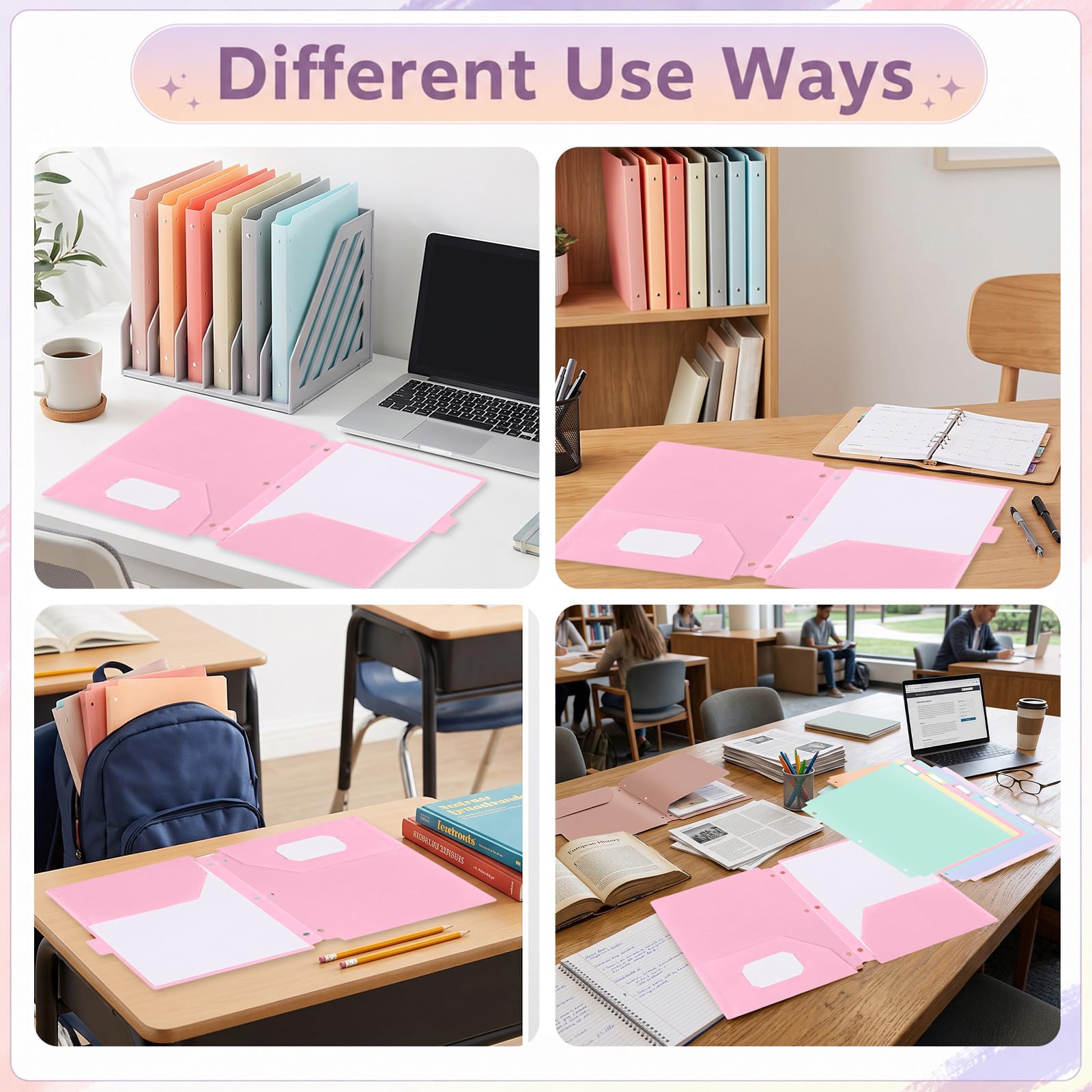 Lot de 24 dossiers en plastique avec poches perforées à 3 trous, 3 anneaux, onglets de coupe 1/6 perforés, format lettre pour école, bureau, salle de classe, enseignants, étudiants, personnel (Pastel)
