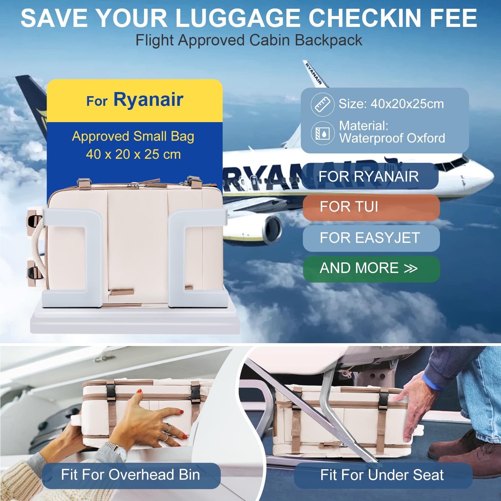 SZLX Zaino Ryanair 40x20x25 Donna Zaino da Viaggio Bagaglio a Mano 20L Uomo Borse da cabina 45x36x20 Easyjet Travel Backpack Adatto a laptop da 14 Pollici con scomparto per scarpe per Lavoro e Scuola