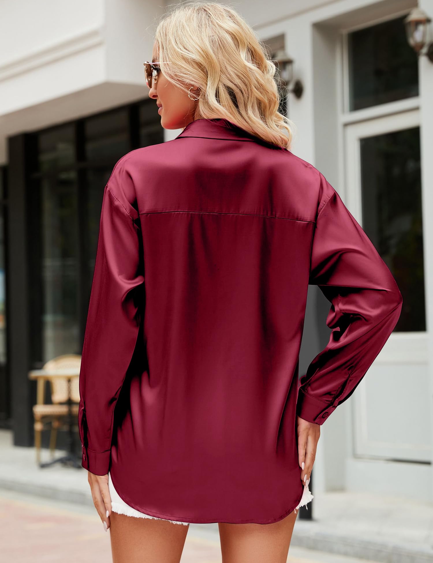 HANERDUN Camicia Donna Elegante Camicia Button Down di Raso Maglia Scollo a V Camicetta a Colore Solido Top Camicia
