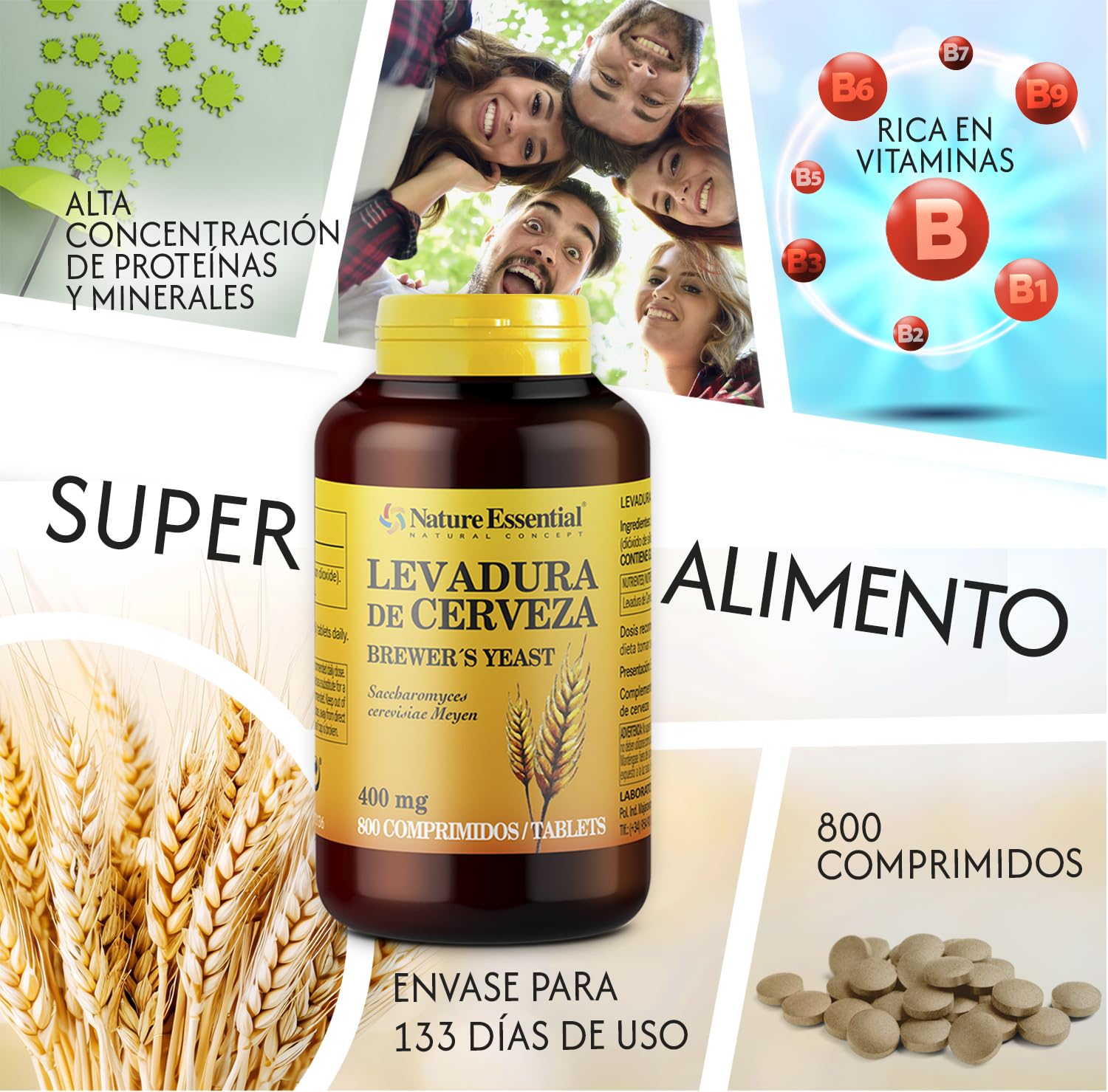 Nature Essential | Levadura de Cerveza 400 mg | Pack 3 Unidades | 800 Comprimidos | Fortalece Uñas, Piel y Cabello | Contribuye a la Formación de Queratina | Alto Valor Proteico | Vitamina B