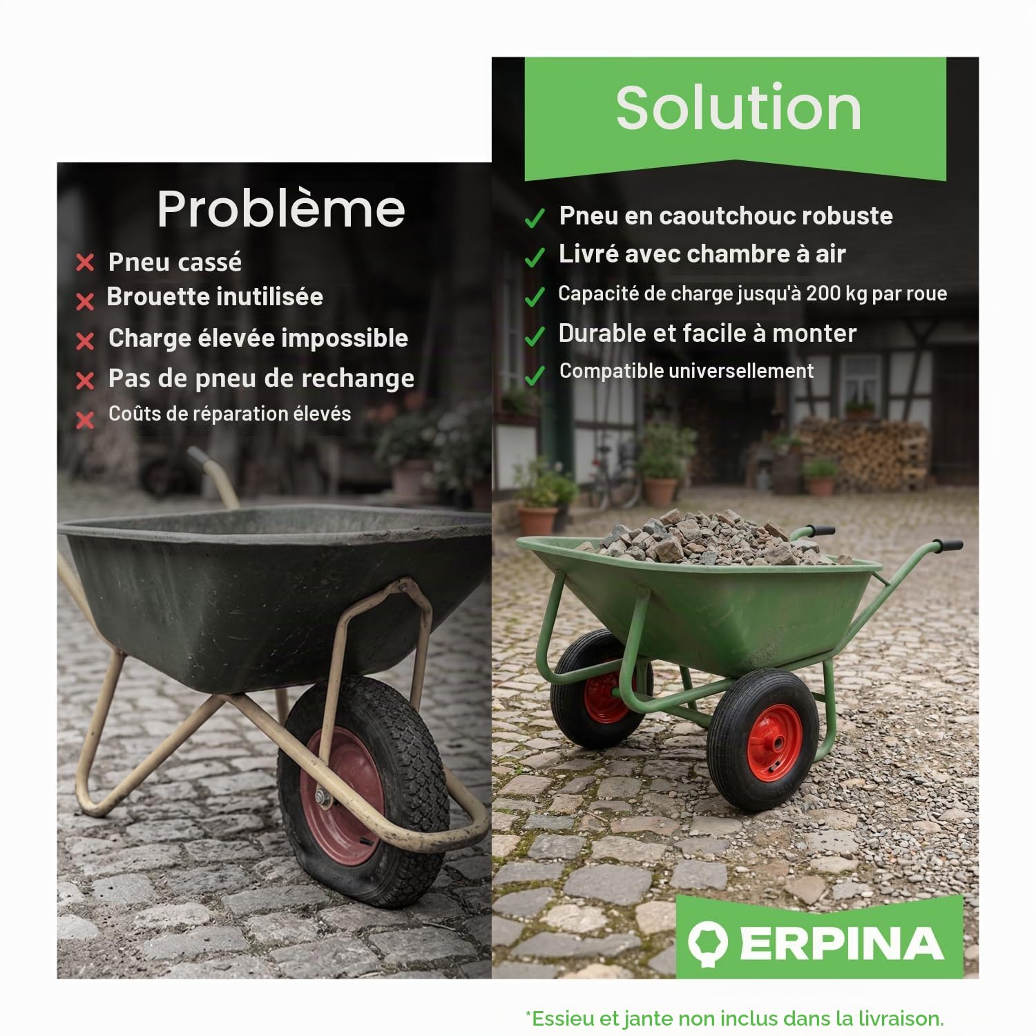 Ensemble de pneus de rechange pour brouette incl. chambre à air 4.80/4.00-8 (400x100) 4PR avec valve automatique - enveloppe de pneu universel robuste pour brouette, chariot de jardin et