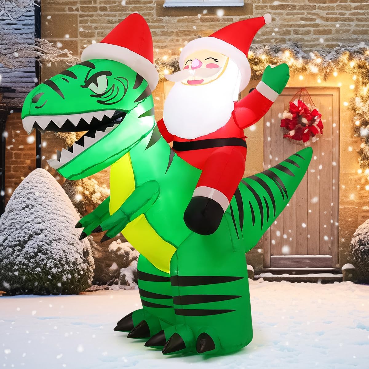 COMIN 6 FT Christmas Decorations Outdoor Inflatables Santa Claus Riding Green Dinosaurs Blow ups with Built-in LEDs for Yard Party Lawn Decor
