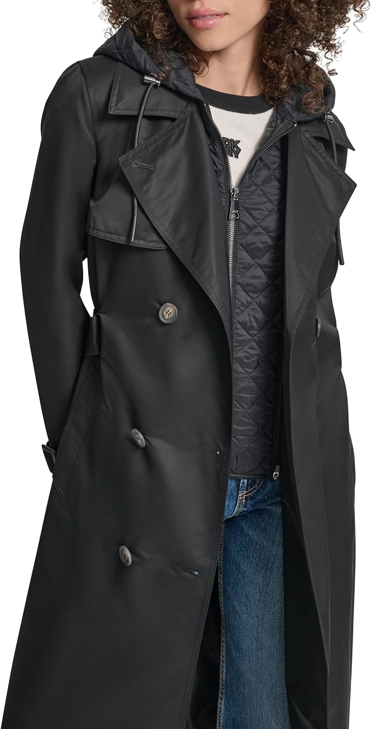 DKNY Women's Trench Coat With Bib– Long Double-breasted Belted Jacket With Quilted Bib With Hood - Image 5