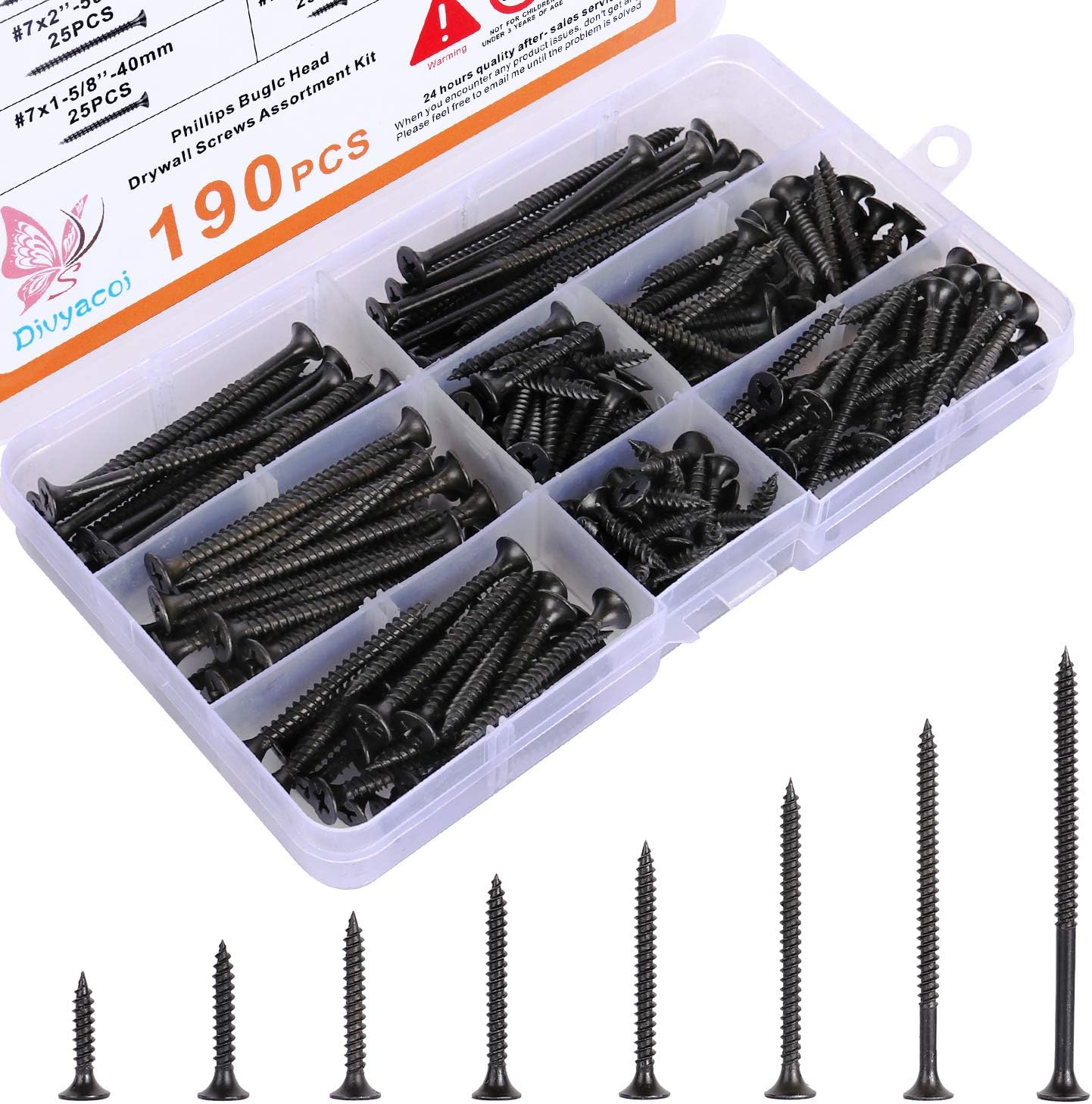 190PCS Premium Drywall Screws, Quality Black Steel 7 Sharp