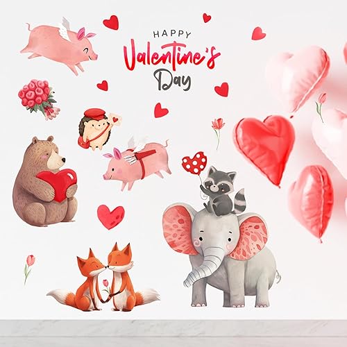 Miniatura 5 de Yovkky Calcomanías de pared para el día de San Valentín, diseño de animales de San Valentín, corazón rojo, flor romántica, decoración romántica para