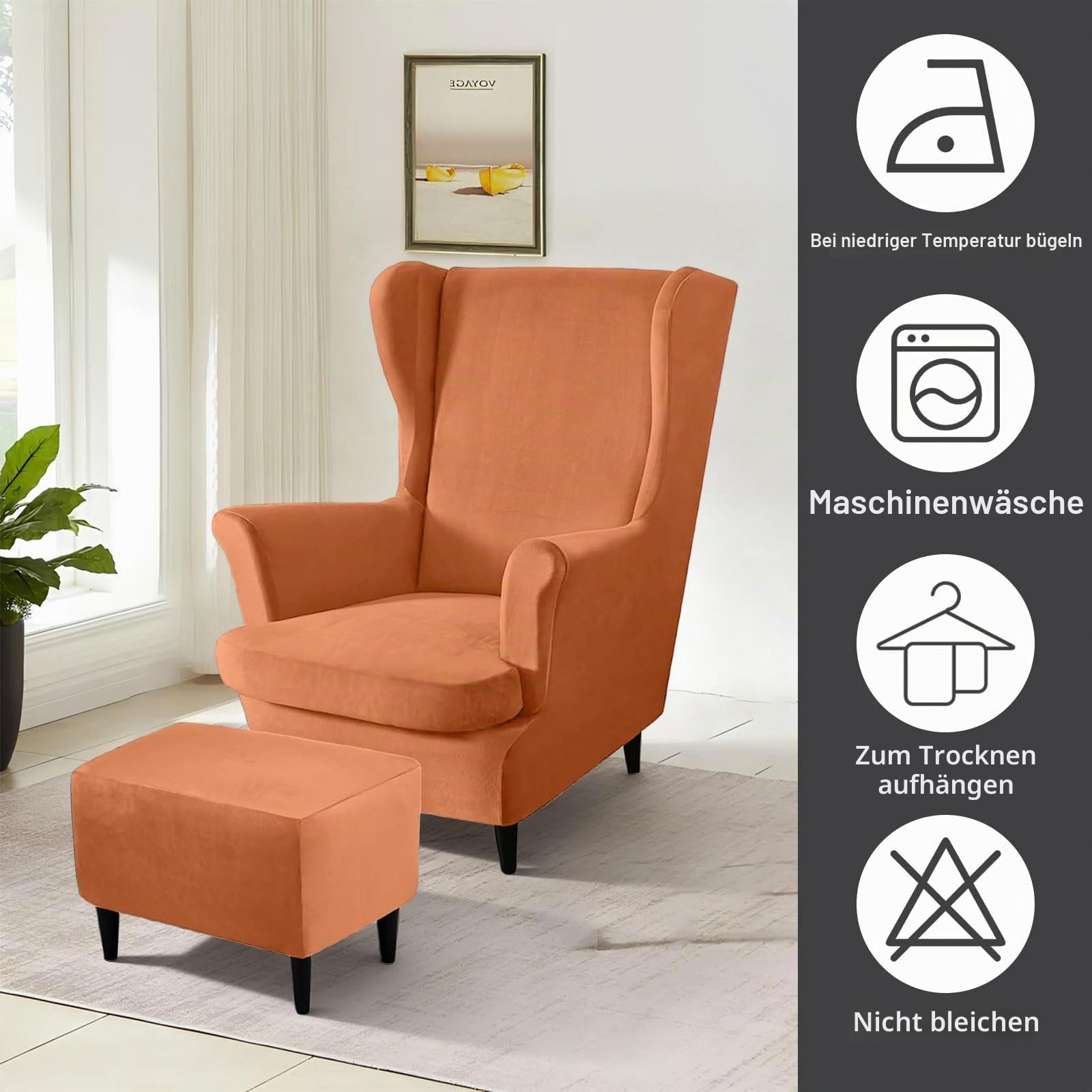 3-Teilig Samt Ohrensessel Überwurf mit Fußhockerbezug (ohne Stuhl), Stretch Samt Sesselhusse, Elastischer Schonbezug Stuhlbezug Hohe Rückenlehne für Sessel, Waschbar (Apricot Orange)