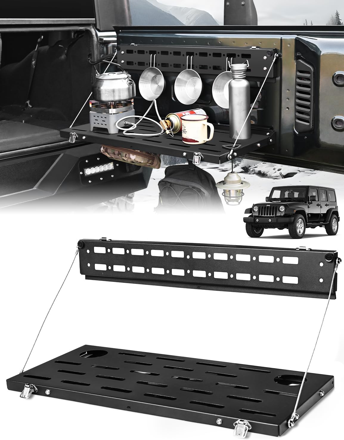 JROAD Non-Destructive Installation Wrangler JL Tailgate Table for 2018-2024 Jeep Wrangler JL JlU Rear Door Foldable Storage Shelf MOLLE Panel (Exclude 2020-2022 Gladiator JT)