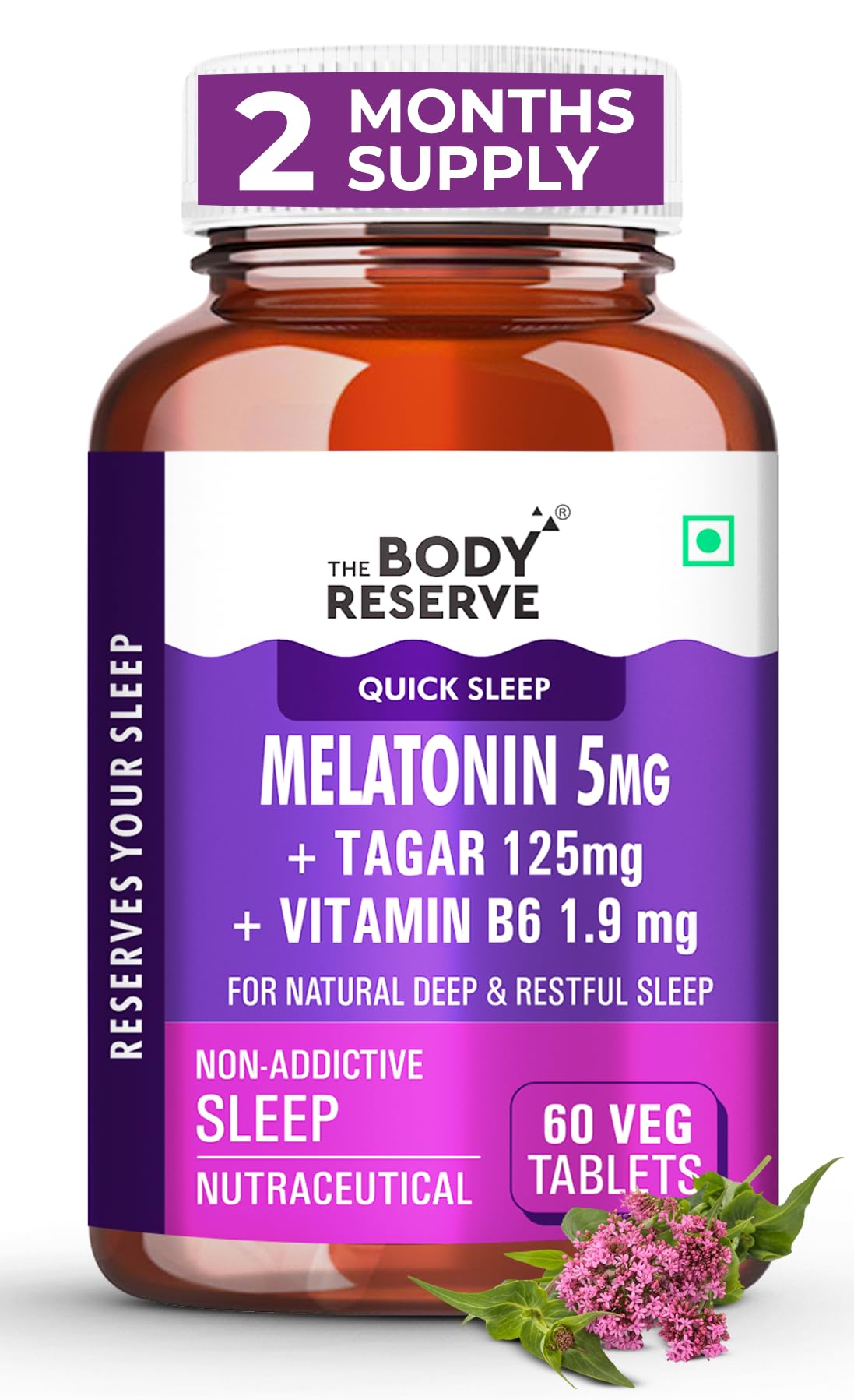 Melatonin 5mg with Tagar 125mg for Natural Sleep Aid, Muscle Recovery, Nerve Relaxation, and Stress Relief Non-Habit Forming Sleep Aid for Men & Women (60 Veg Tablets)
