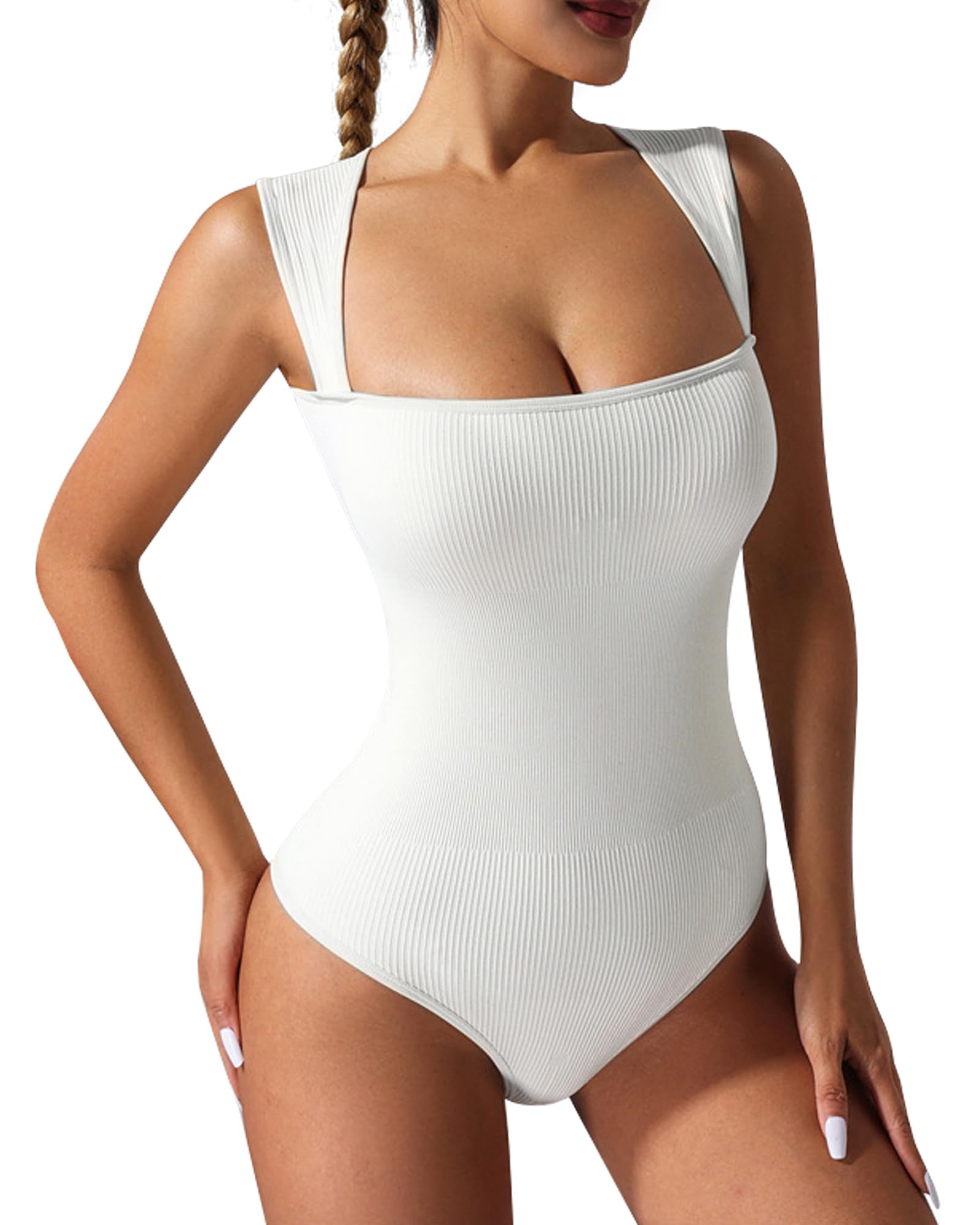 XUNYUBodysuit for Women Seamless Square Neck Tank Top Ribbed Slimming Tummy Control Shapewear Rave Going Out Outfits
