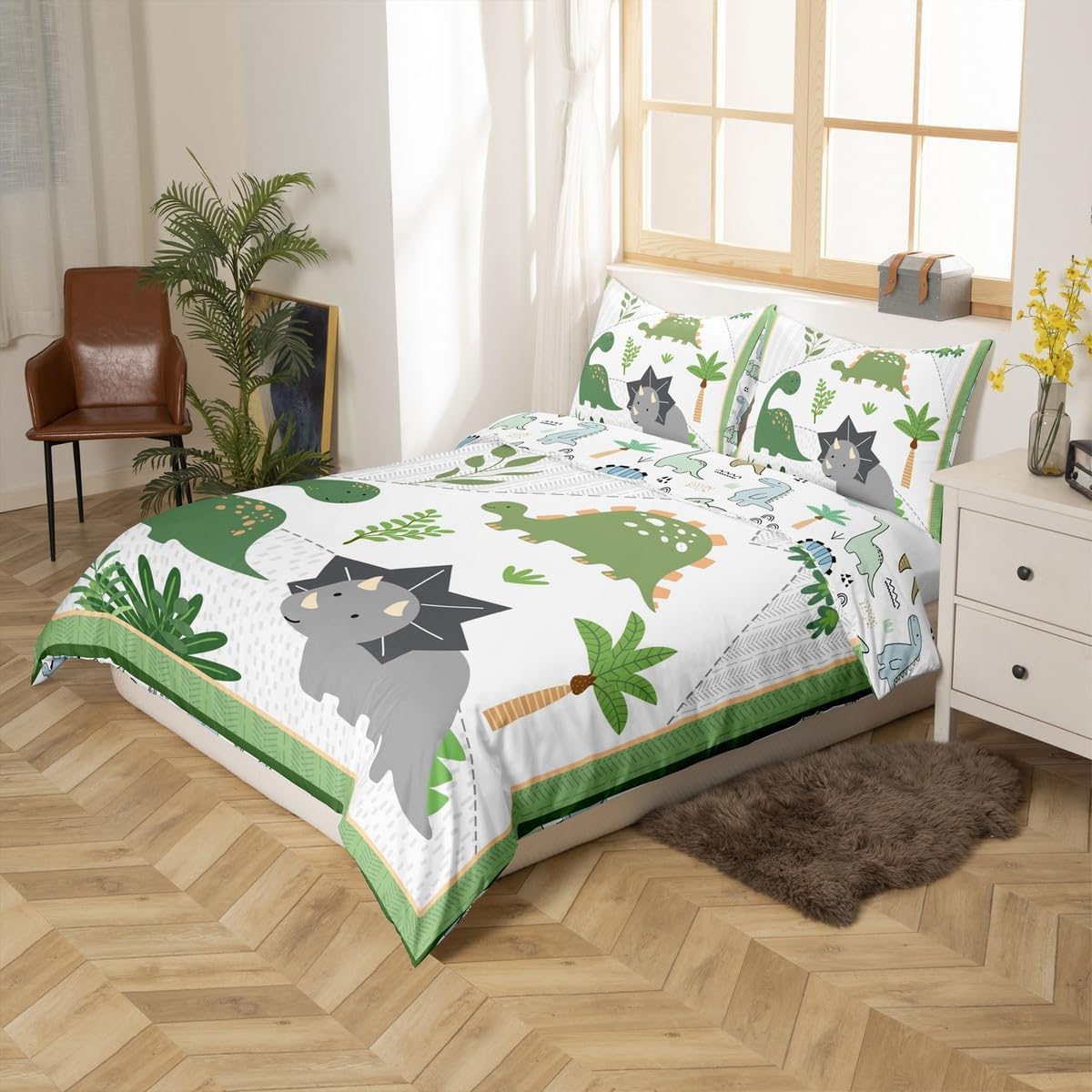 Cartoon Dinosaur Duvet Cover (No Comforter) Queen 3 Pcs for Kids Tree Plants Cartoon Paint Print Bedding Set Room Decor Gifts,Cute Jungle Wildlife Animals Comforter Cover with 2 Pillowcases