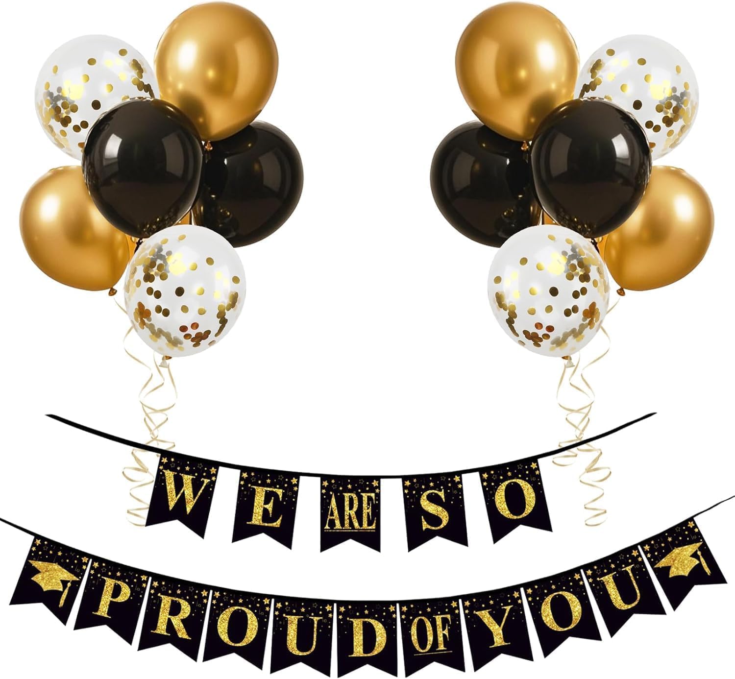 Graduation Decorations 16-Piece Set - Black and Gold Balloons with 'We Are So Proud of You' Banner - Elegant Latex Balloons for Graduation Party Decor