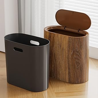 Plastic Waste Basket for Bathroom with Lids, Marble Wood Pattern Trash Can, Garbage Can with a Lid, Narrow Bathroom Trashcan with Lid, Modern Wastebaskets for Home Indoor Hotel