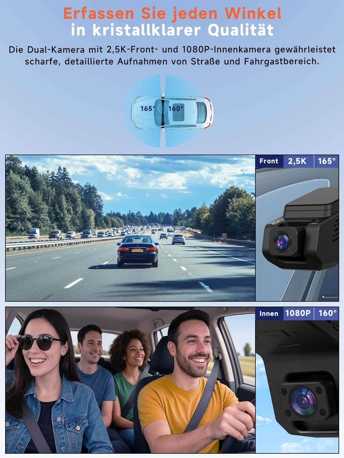 Veement Dashcam Auto Vorne Und Innen 2,5k+1080p, Mini Dash Cam Auto Kamera Mit 32-GB-Karte, Super-Nachtsicht, 4 IR-LEDs, 165° Weitwinkel WDR, G-Sensor, Loop-Aufnahme, 24H Parkmodus (Dunkelschwarz)