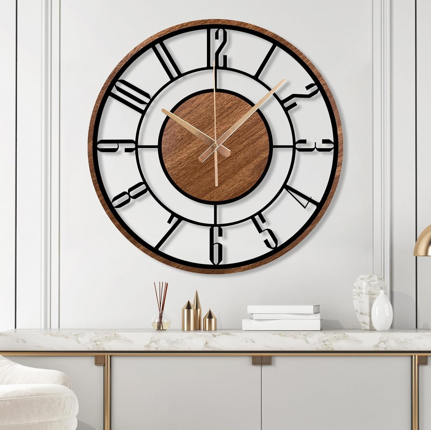 Metal Large Wall Clock, Black Metal with Wood Non Ticking, Silent Battery Operated Clocks for Home Living Room Farmhouse Kitchen Office Dining Room, Modern Round Wall Clock Decor, Housewarming Gift