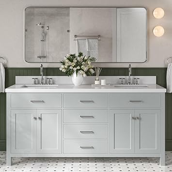 DKB Alenza 72 Inch Bathroom Vanity Double Sink Grey Bathroom Vanity with Sink, 1.5" Edge Pure White Quartz Countertop & Backsplash, 4 Soft-Close Doors, 4 Dovetail Drawers