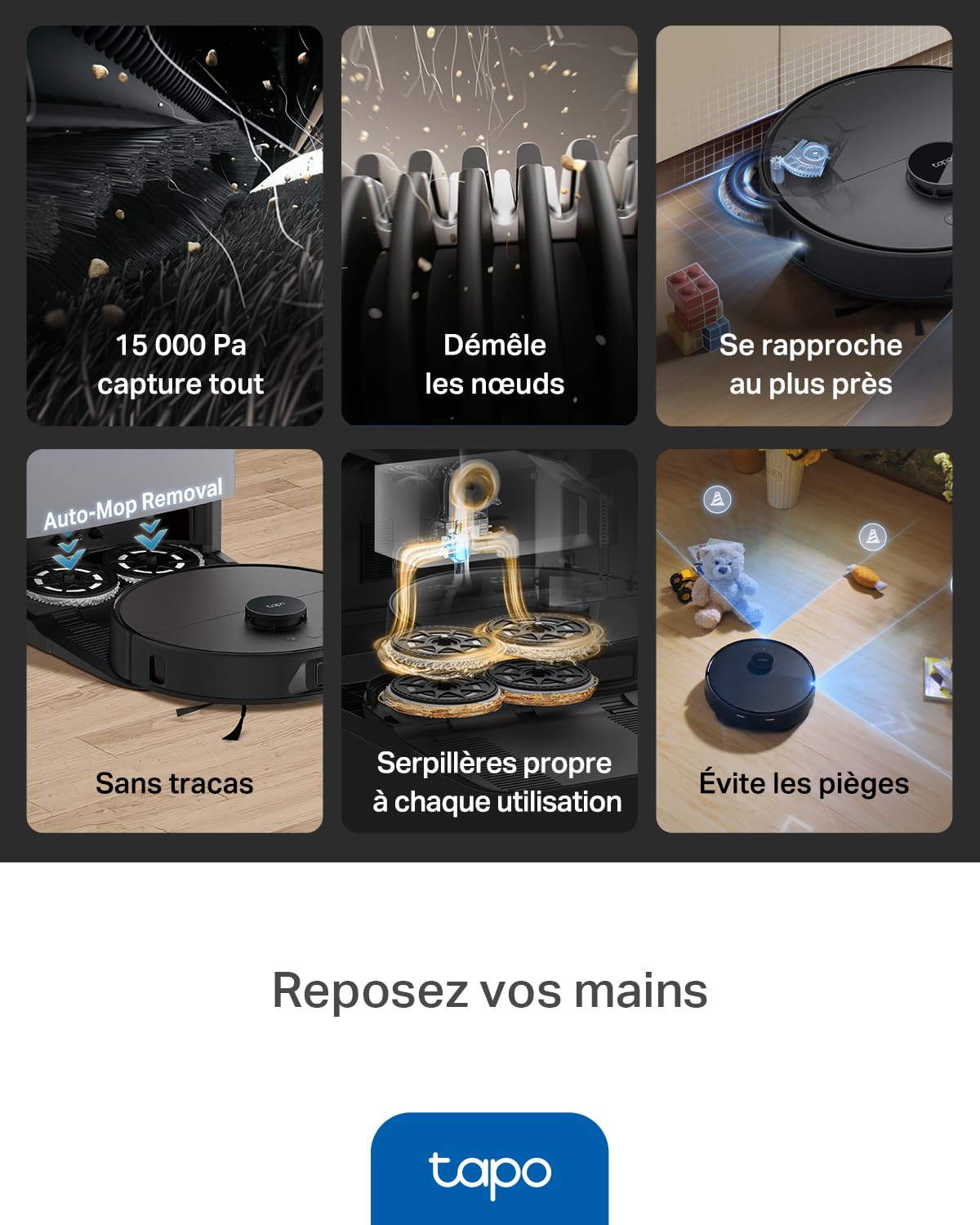 Tapo Aspirateur Robot Laveur RV50 Pro Omni, Station Auto-Nettoyante, Ultra puissante 15 000 Pa, Lavage à l’Eau Chaude 60 °C & Séchage Air Chaud, Navigation LiDAR Double Laser, Tapis et Poils d’Animaux