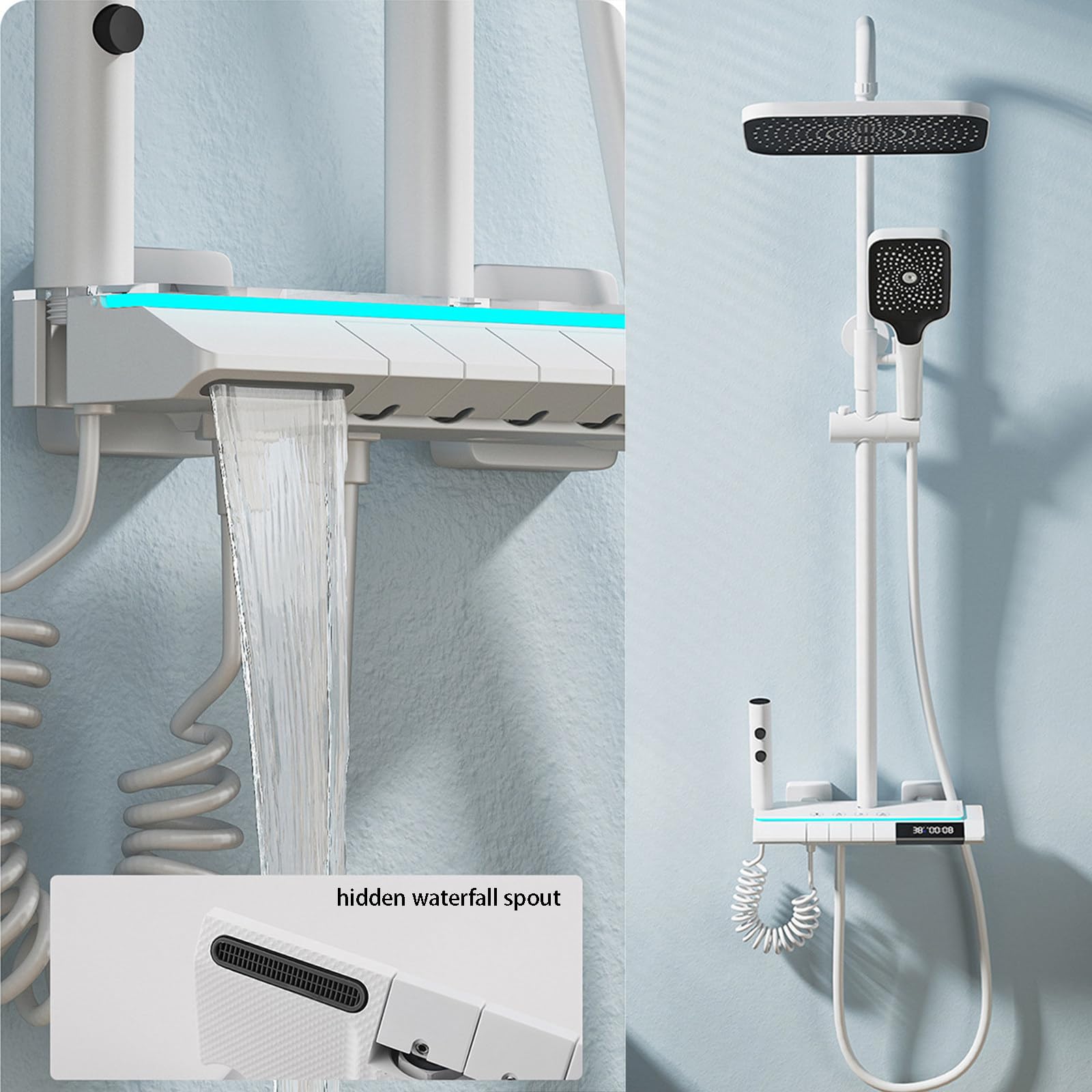 Set Doccia con Rubinetto termostatico con Display Digitale, 4 funzioni, con soffione da 12", doccetta, doccetta per Bidet, beccuccio per Vasca