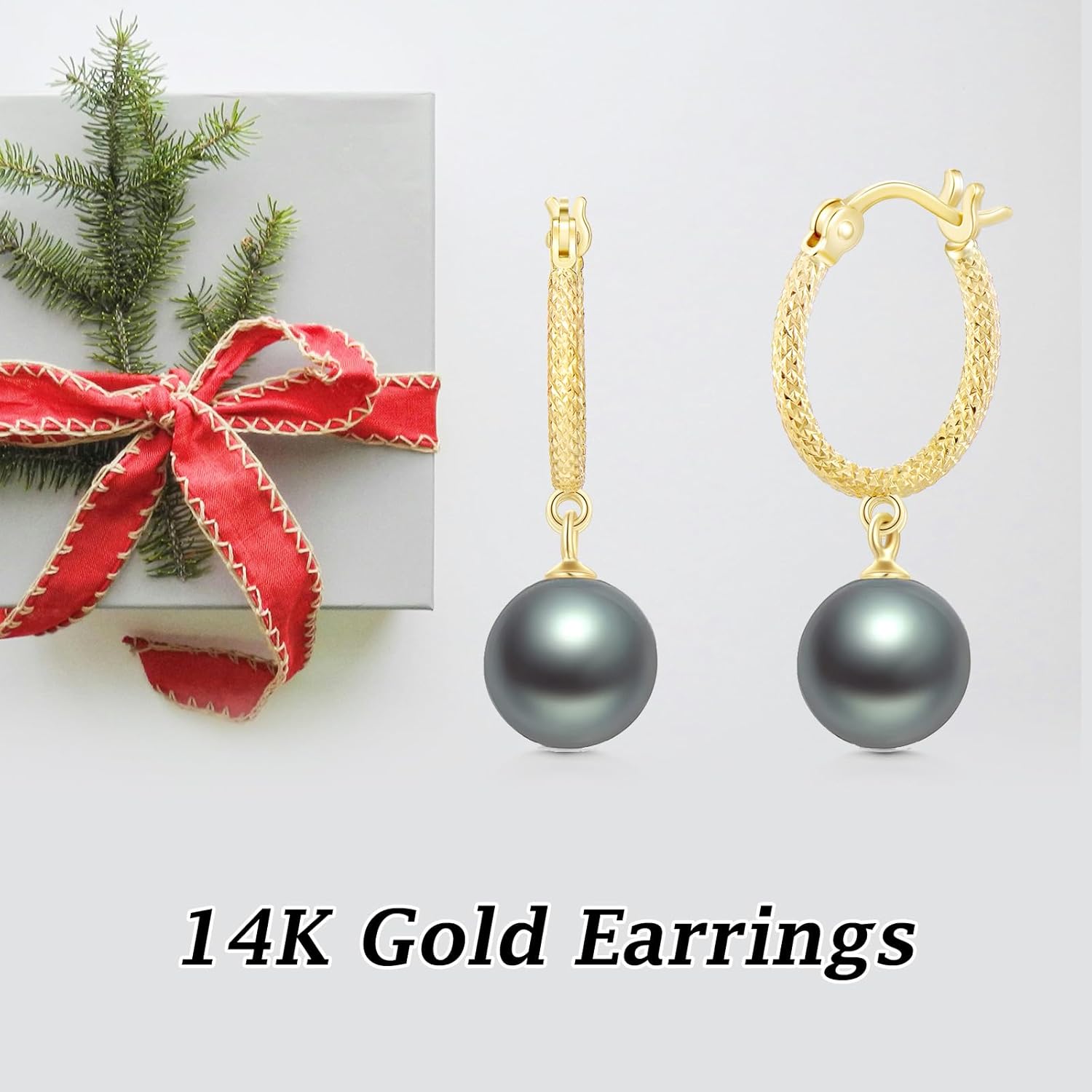 14k Gold Diamond-Cut Hoop Dyed Black Freshwater Cultured Pearl Earrings for Women (9.5 MM Pearl)