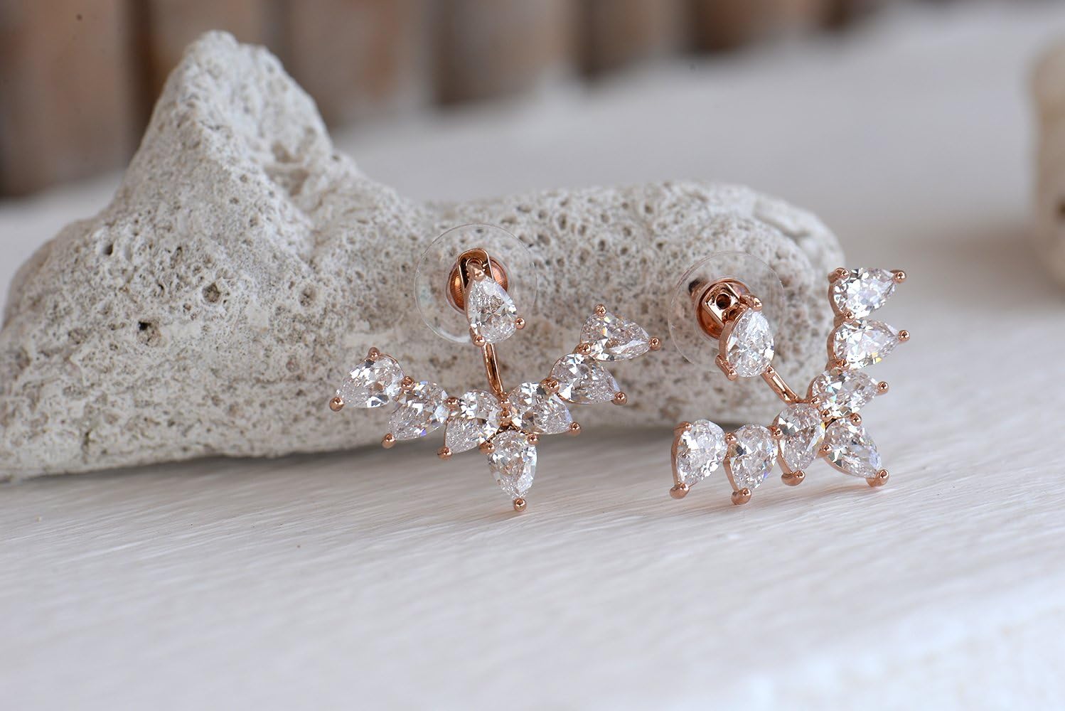 Marquise Cut & Round Cubic Zirconia Floral Front Back Jacket Earrings White Gold / 14K Rose Gold Plated