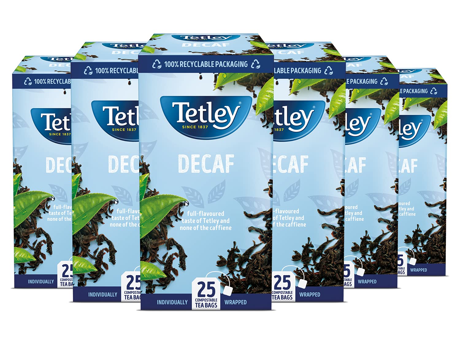 Tetley Everyday Original Decaf Black Tea Bags – Smooth Decaf Blend - Great for All Day Enjoyment - Rainforest Alliance Certified - Full-Flavoured and Refreshing - 150 Enveloped Teabags (6x25 Pack)