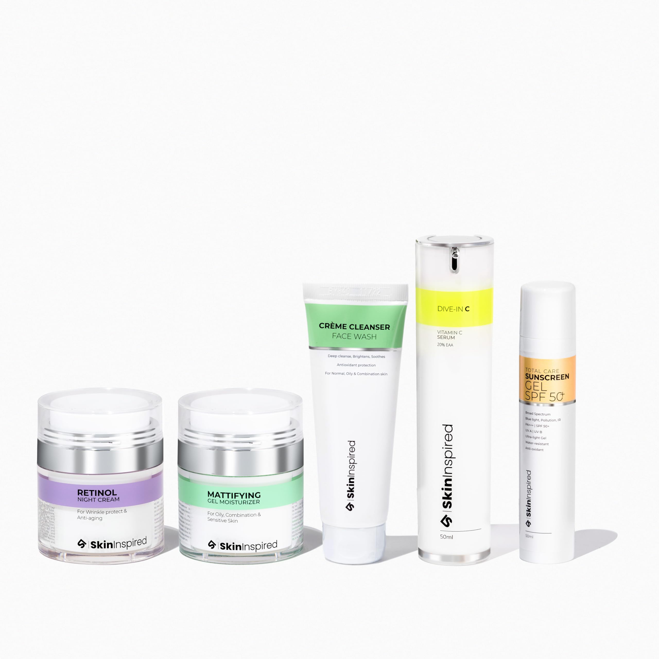 Get Glowing Combo - Crème Cleanser (70ml) + Vitamin C Serum (30ml) + Mattifying Gel Moisturizer (50g) + Retinol Moisturizer (50g) + Total Care Sunscreen (50ml) | Skin Care Combo for Women & Men