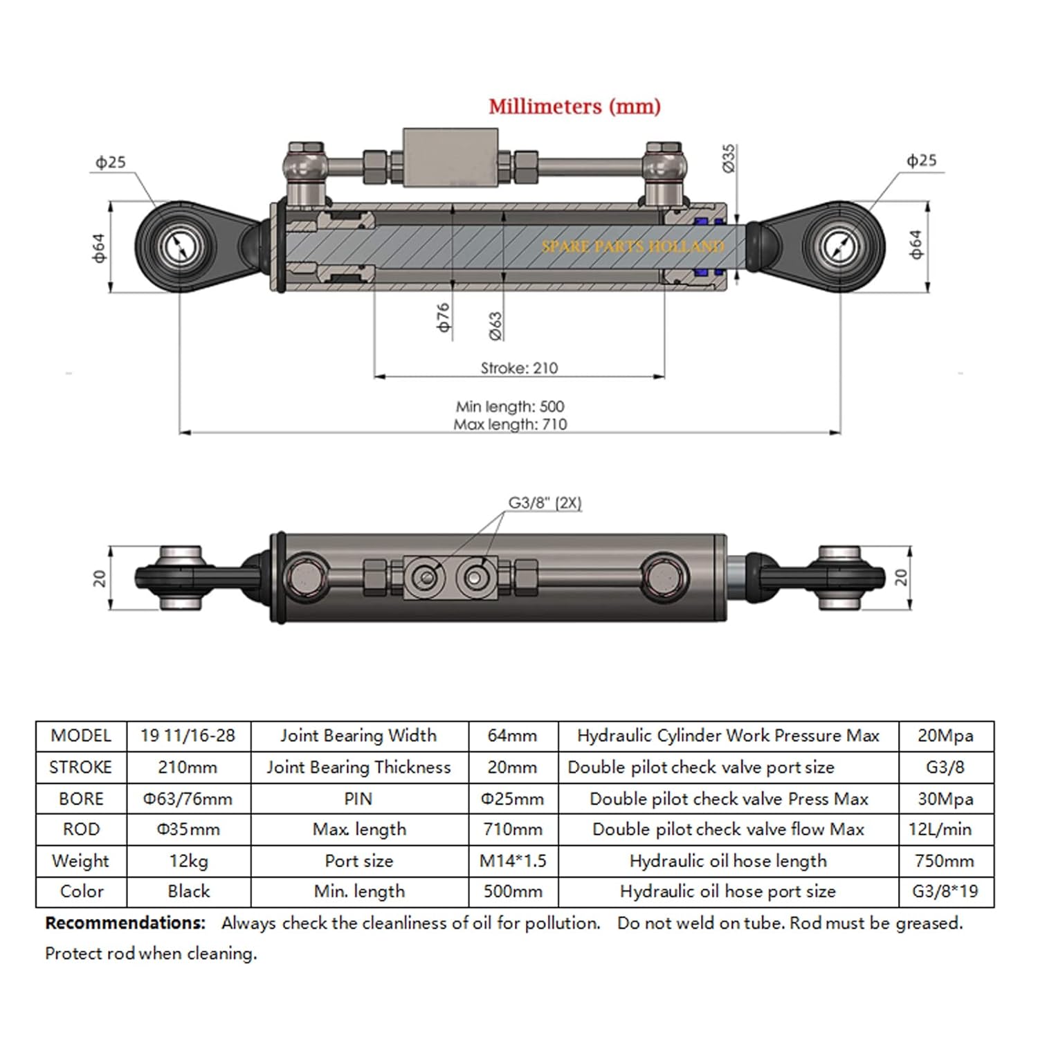 Hydraulic Top Link Cat 2-2, 20Mpa Double-Acting Hydraulic Cylinder with Locking Block 19 11/16-28” with 2 x Hose, Hydraulic Top Link for Tractor, Excavator (5511Lbs Pull &7716Lbs Thrust)