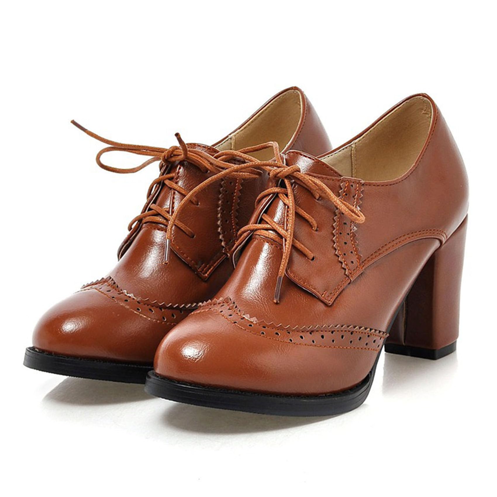 Bellirala Womens Chunky Block Heels Oxfords Vintage Wingtip Brogues Round Toe Lace-up Pumps High Heeled Booties Dress Shoes