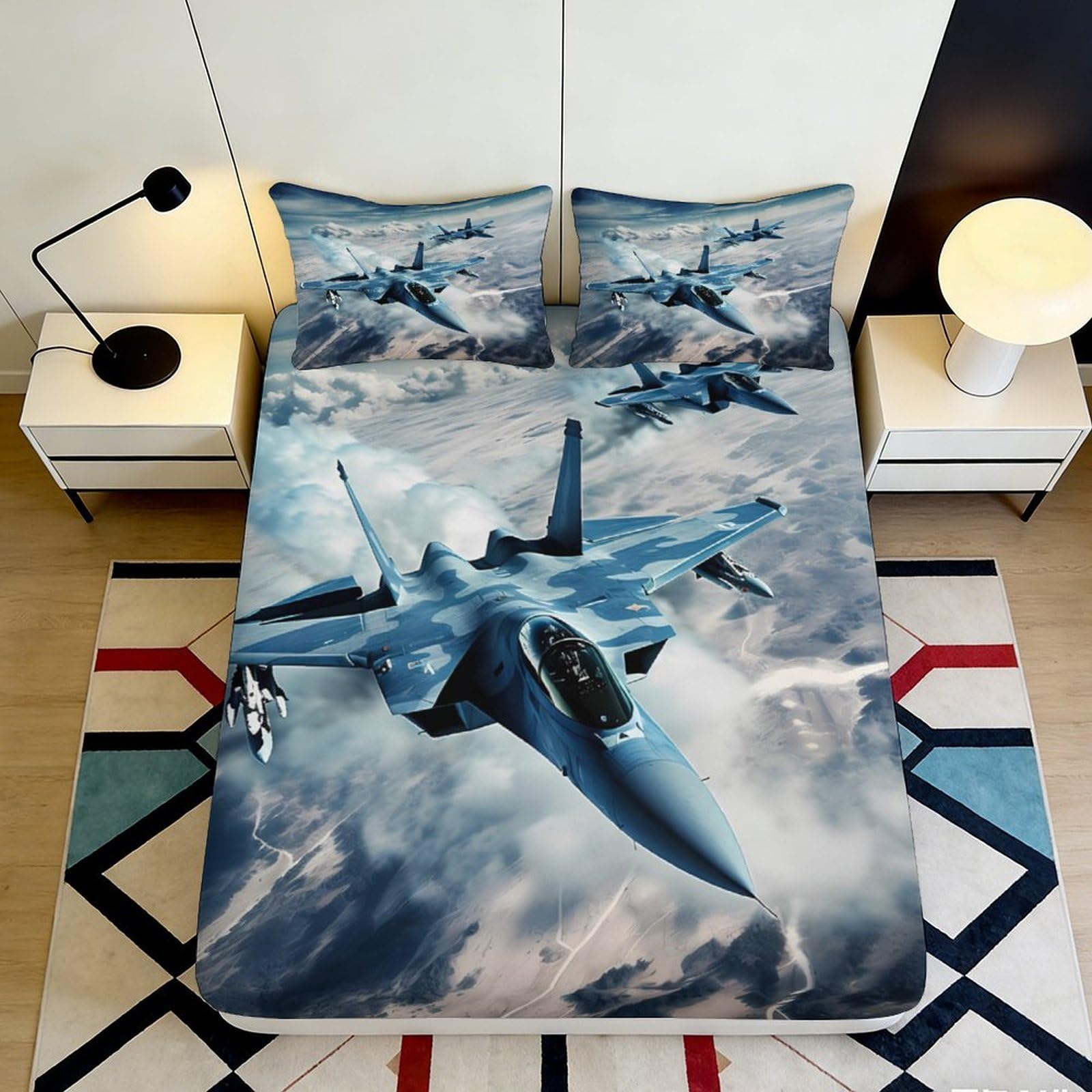 3D Printed Aircraft Theme Microfiber Fitted Sheet for Bedroom Adults Deep Pocket Elastic Hem Airplane Mattress Fitted Cover Washable 90x200x25cm