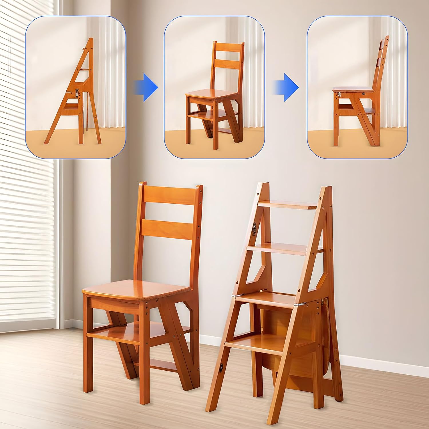 OCKYOOZ 4 Tier Folding Ladder Chair, 3-in-1 Solid Wood Step Ladder, Foldable Ladder Stool Shelf, Protable 4-Step Library Ladder, Multi-Functional Display Stand for Home Office (Size:14"L*18"D*35.4"H) - Image 3