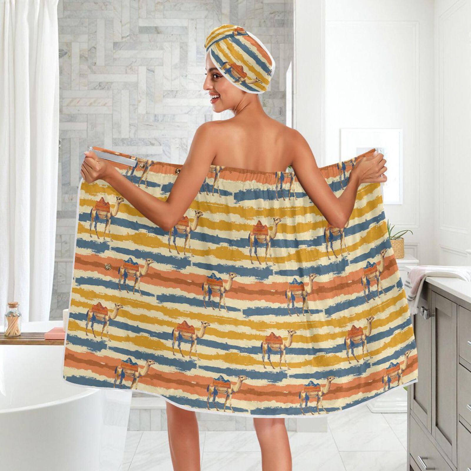 Jesienne paski wielbłądzi ręcznik kąpielowy dla kobiet 3 zestawy regulowane zamknięcie szybkoschnące spa body wrap dla kobiet siłownia, szlafrok + suszenie włosów + opaska na głowę