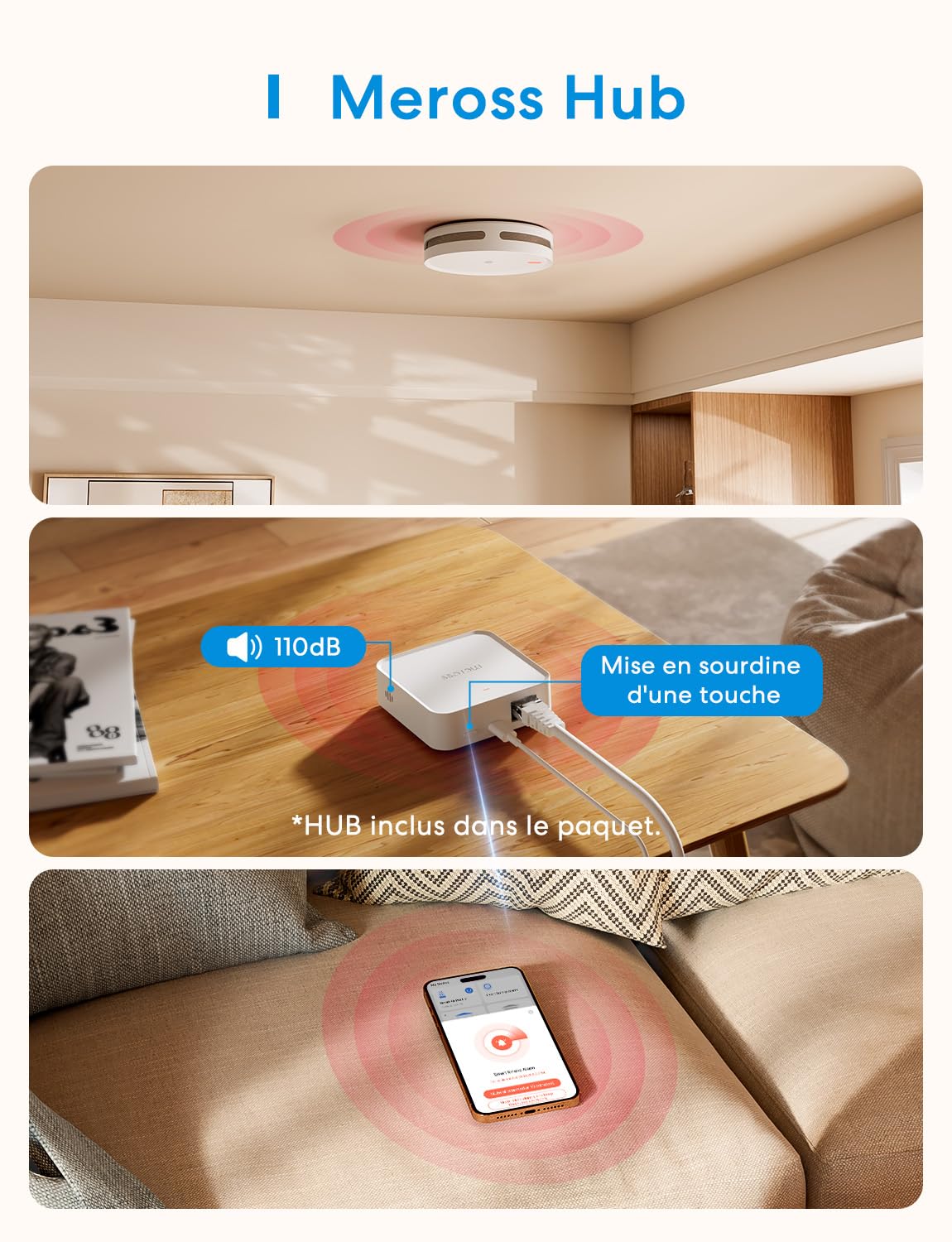 Meross Matter Détecteur de Fumée Connecté, Alarme Incendie Intelligente Wi-FI avec Double capteur Optique, Détecteur Fumée avec Alerte APP, Maillage 0,8 mm, 33 mm, avec Hub MSH450, 3 Pièces