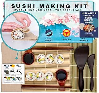 HEKAMOVE Premium No-Plastic Sushi Making Kit - Wood Bamboo Tools, Tea Cloth, Beginner Pro Friendly, Eco Gift SMK2