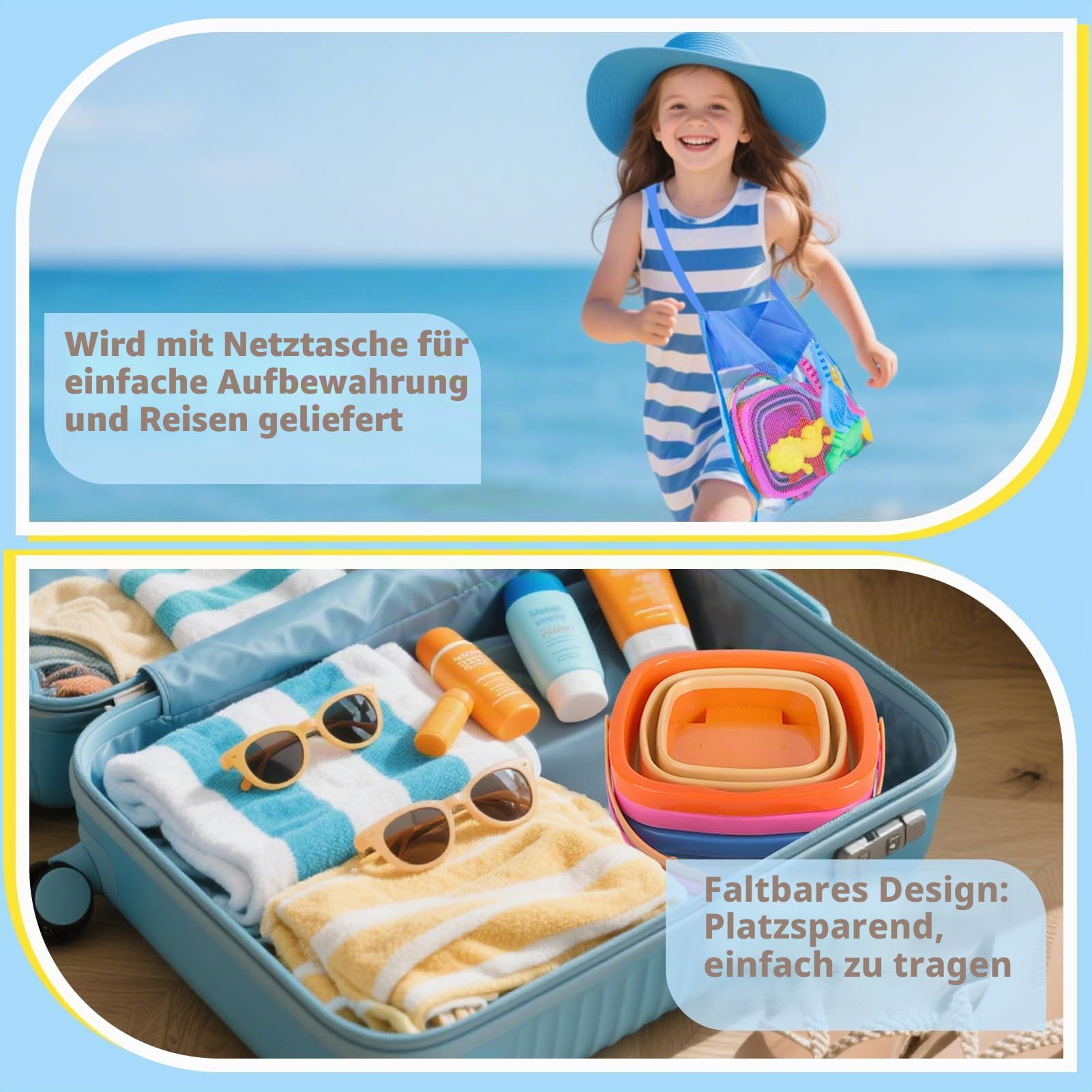 Dreamon Sandspielzeug Set, Reise Sandspielzeug mit Faltbarer Eimer Kinder, 14 PCS Sandkasten Strand Spielzeug für Kinder Jungen Mädchen