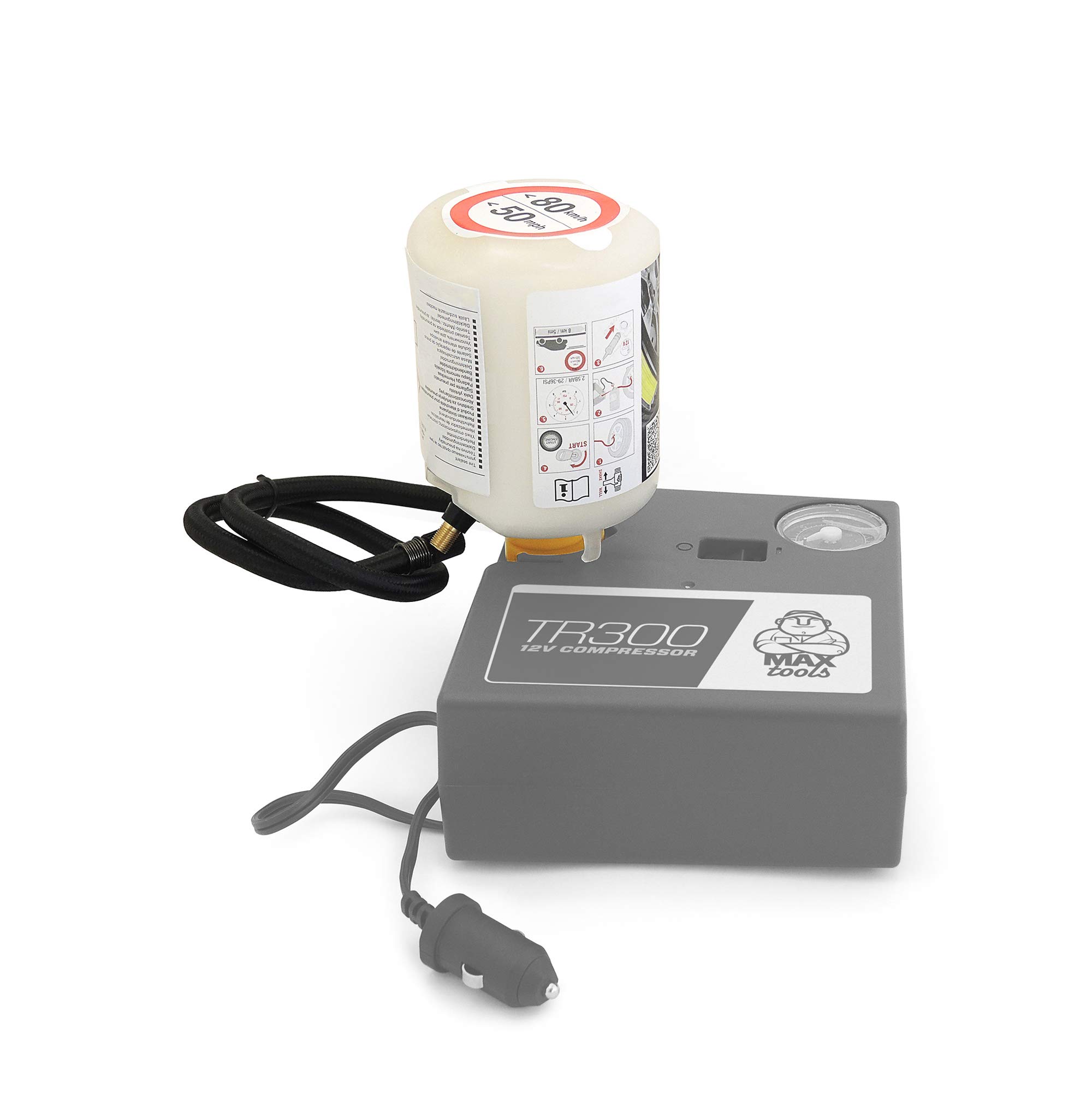 MAXTOOLS TR200 – Kit Automatico Riparazione Pneumatici Con Compressore 12V E Liquido Sigillante 300 Ml, Adatto A Medie E Monovolume