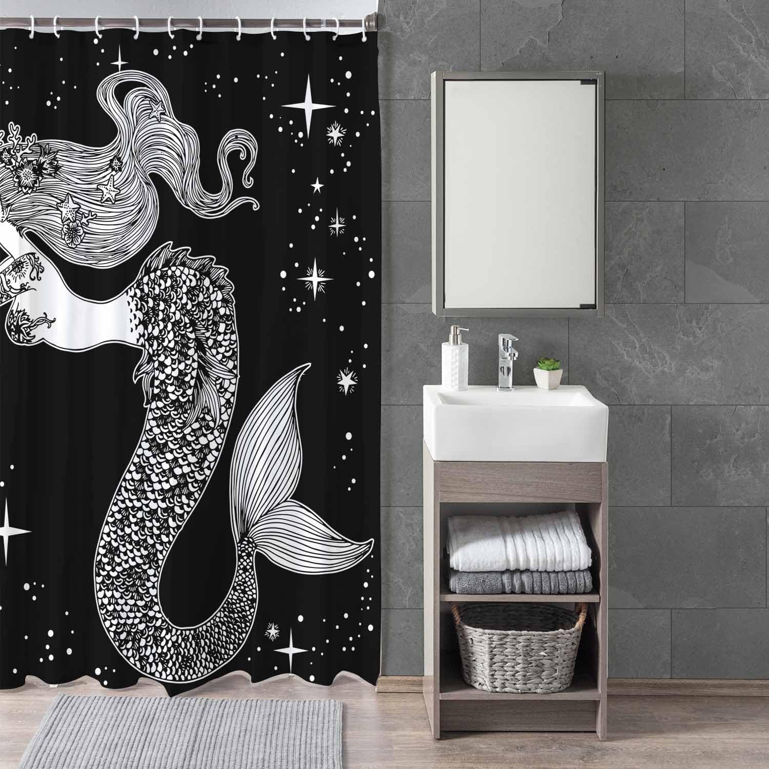 Woutay Shower Curtain Mould Proof Resistant Hand Draw Mermaid,Water Repellant Fabric,Polyester,with 12 Plastic Hooks - Image 3