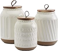 Tabletops Gallery Ziggy 3-Piece Embossed Stoneware Canister Set with Acacia Wood Lids - Airtight Kitchen Storage Jars