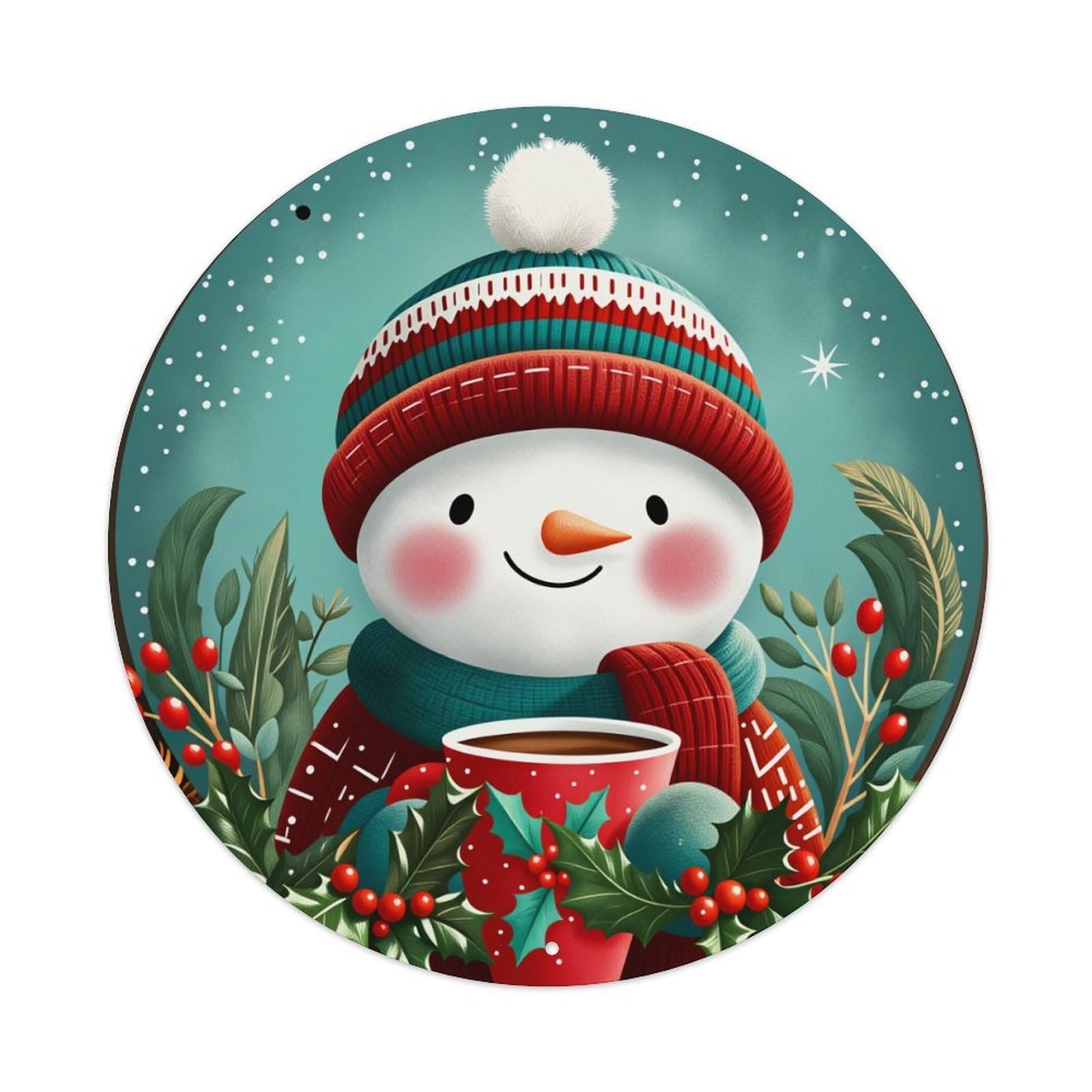 Snowman Holiday Winter Christmas Cheer Round Tin Sign Vintage Metal Poster Retro Bar, Home, Man Cave, Kitchen, Laundry Room Wall Art Decor Gift 8x8In