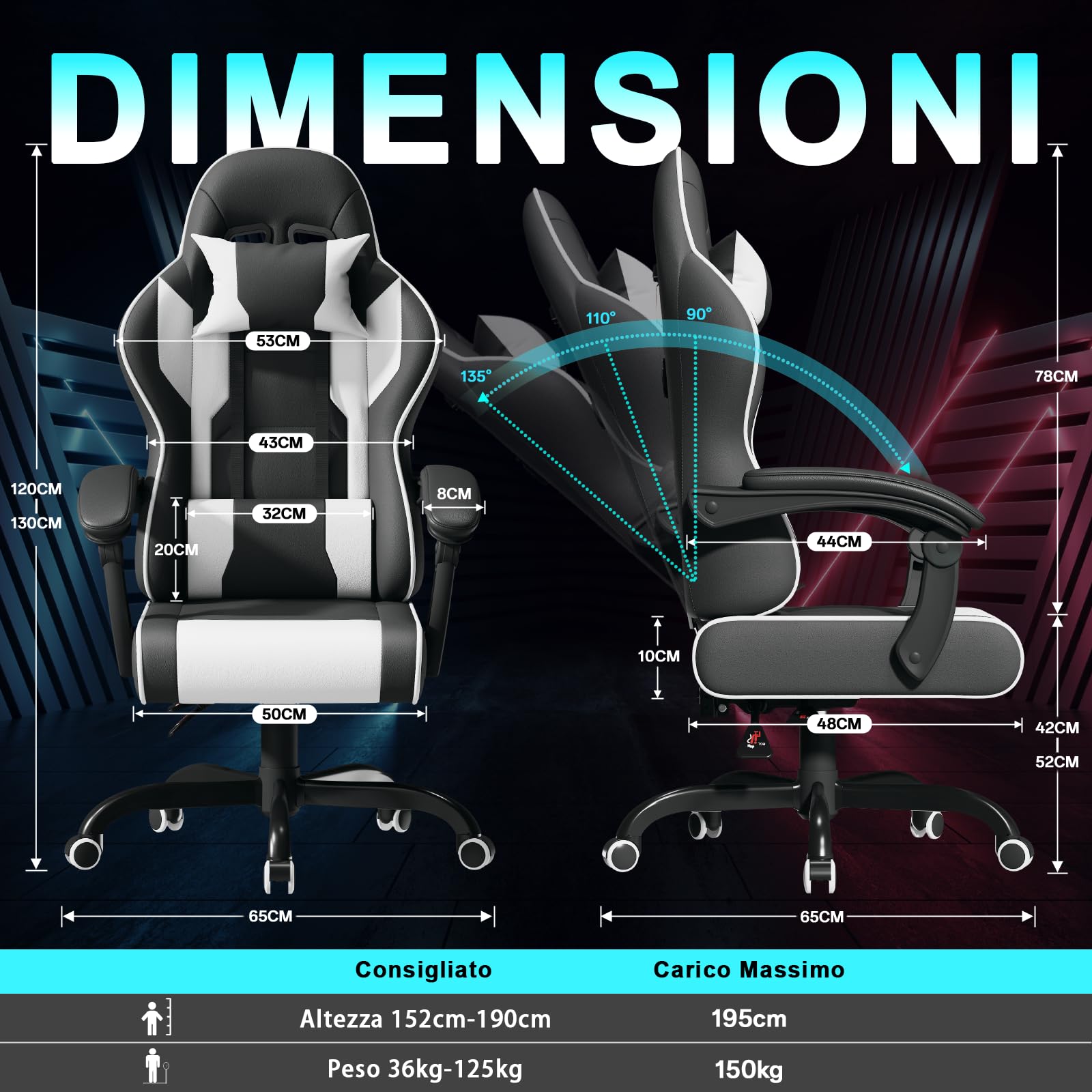 JUMMICO JETSTREAM Poltrona Gaming Ergonomica Con Poggiapiedi, Poggiatesta, Massaggio E Sollevamento Pneumatico, 150 Kg, Bianco