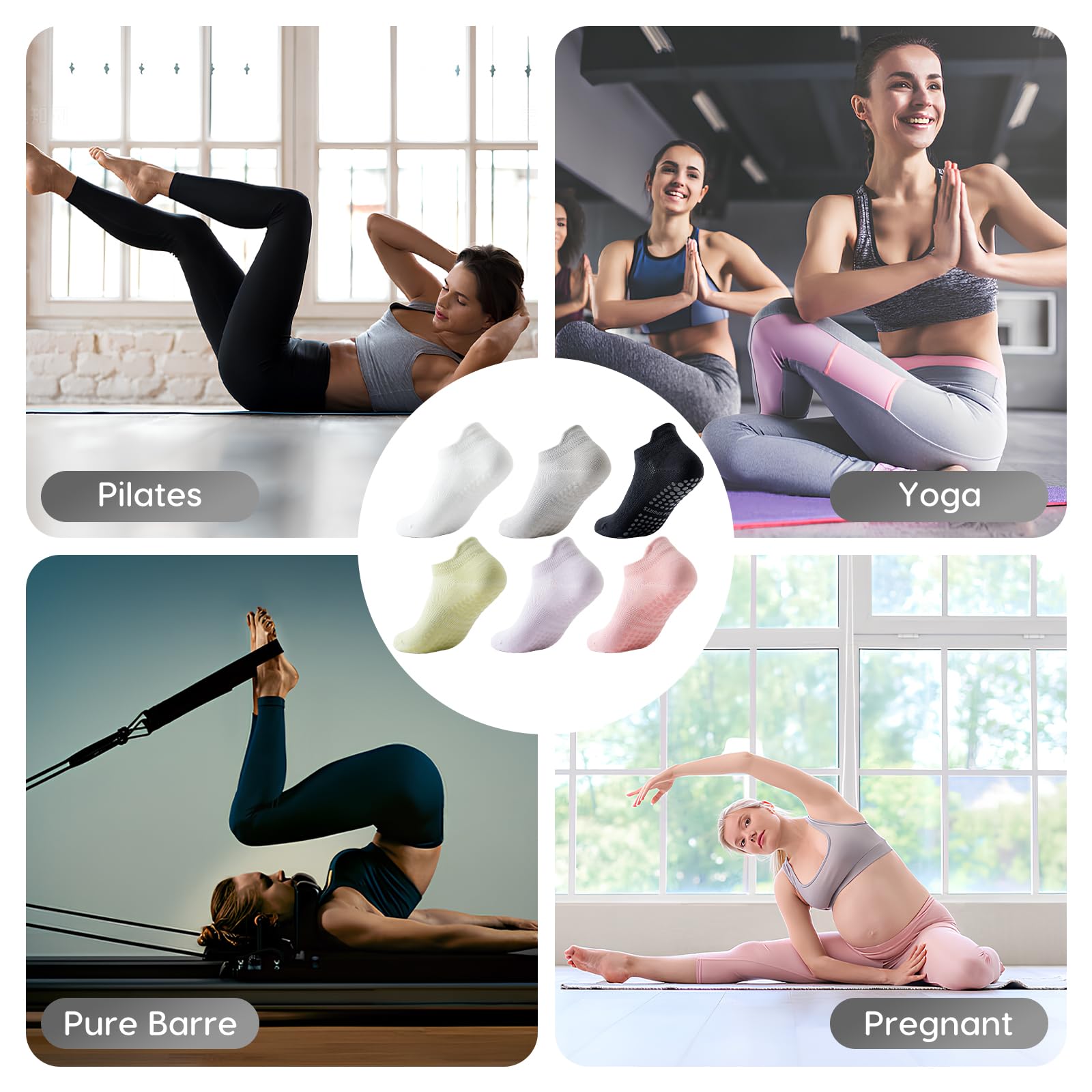 Dzpuhuojz 6 Pares Calcetines Pilates Antideslizantes,Mujer Transpirables Yoga Antideslizantes Calcetines para Pilates Reformer Pilates, Yoga, Ballet, Danza 35-40 — view 7