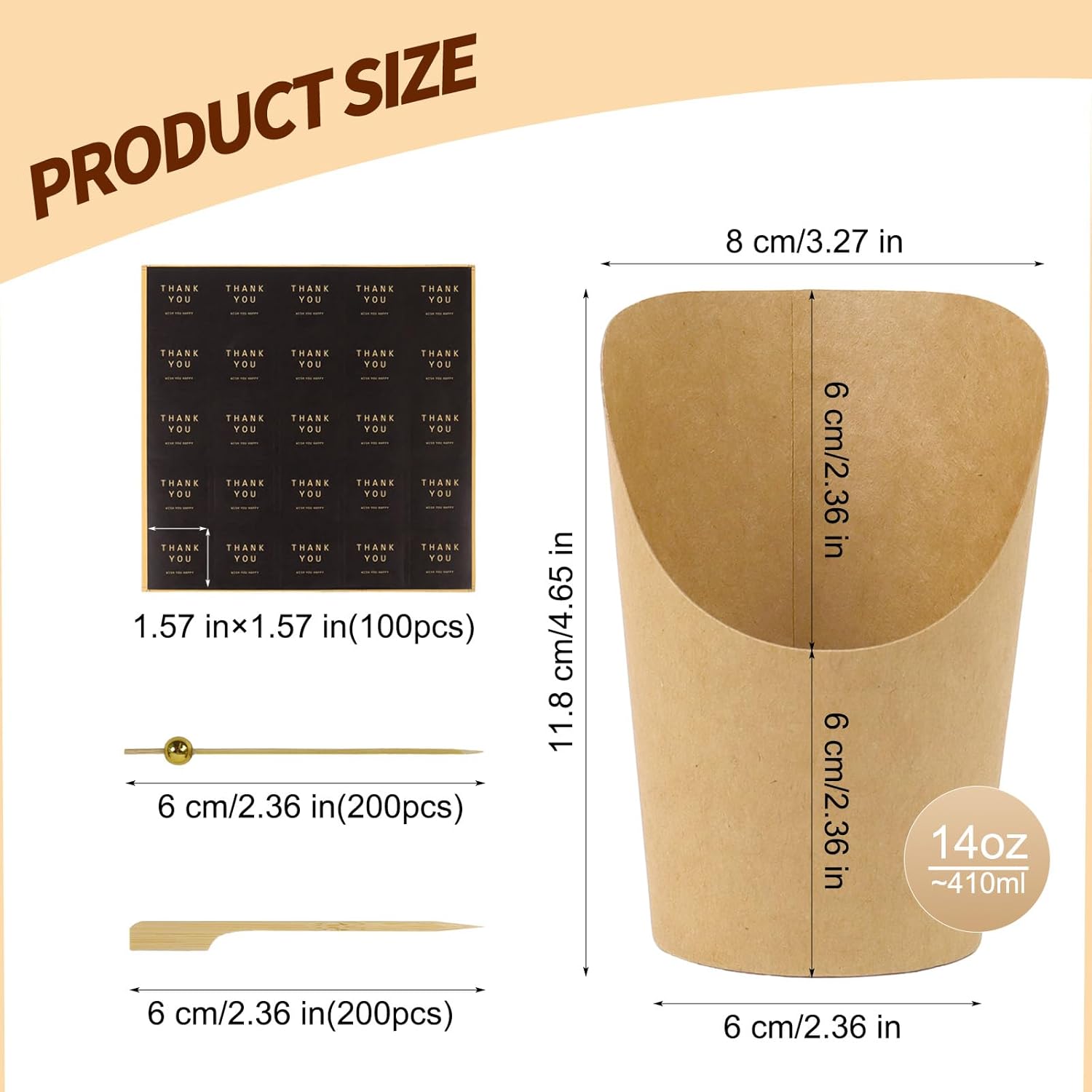 使い捨てシャルキュトリーカップ スティックとバッグ付き 14オンス ブラウン クラフトペーパー スナックボックス 前菜カップ フライ