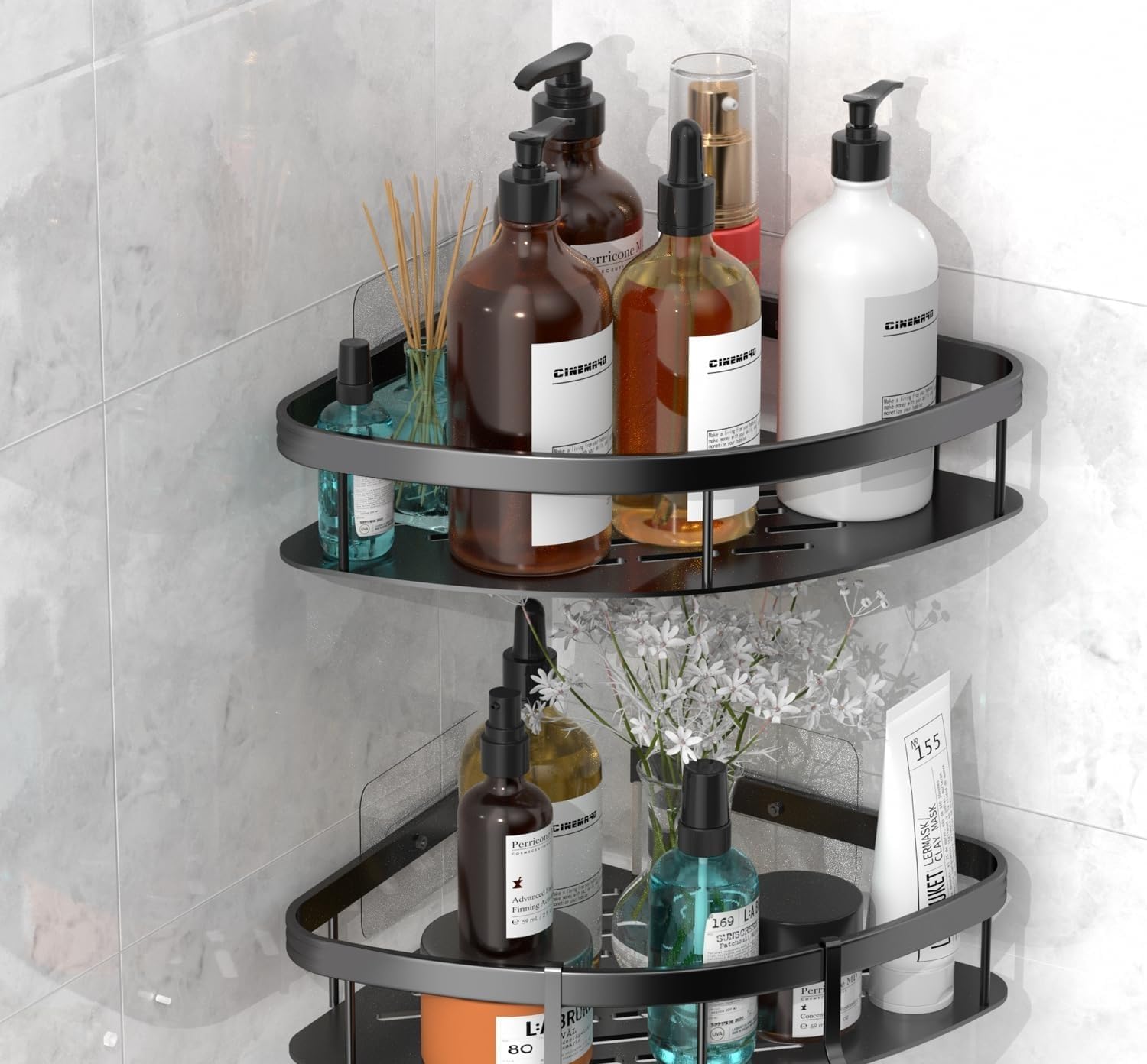 Boniry 2 Pcs Bathroom Accessories Aluminium Heavy Duty Self Adhesive Bathroom Corner Shelf for Wall, Multipurpose Wall Mounted Bathroom Organiser, Washroom Organizer (Black)