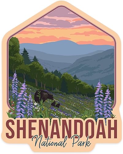 Adhesivo troquelado Parque Nacional Shenandoah, Virginia, oso y flores de primavera, adhesivo de vinilo de contorno de 3 a 6 pulgadas, (calcomanía