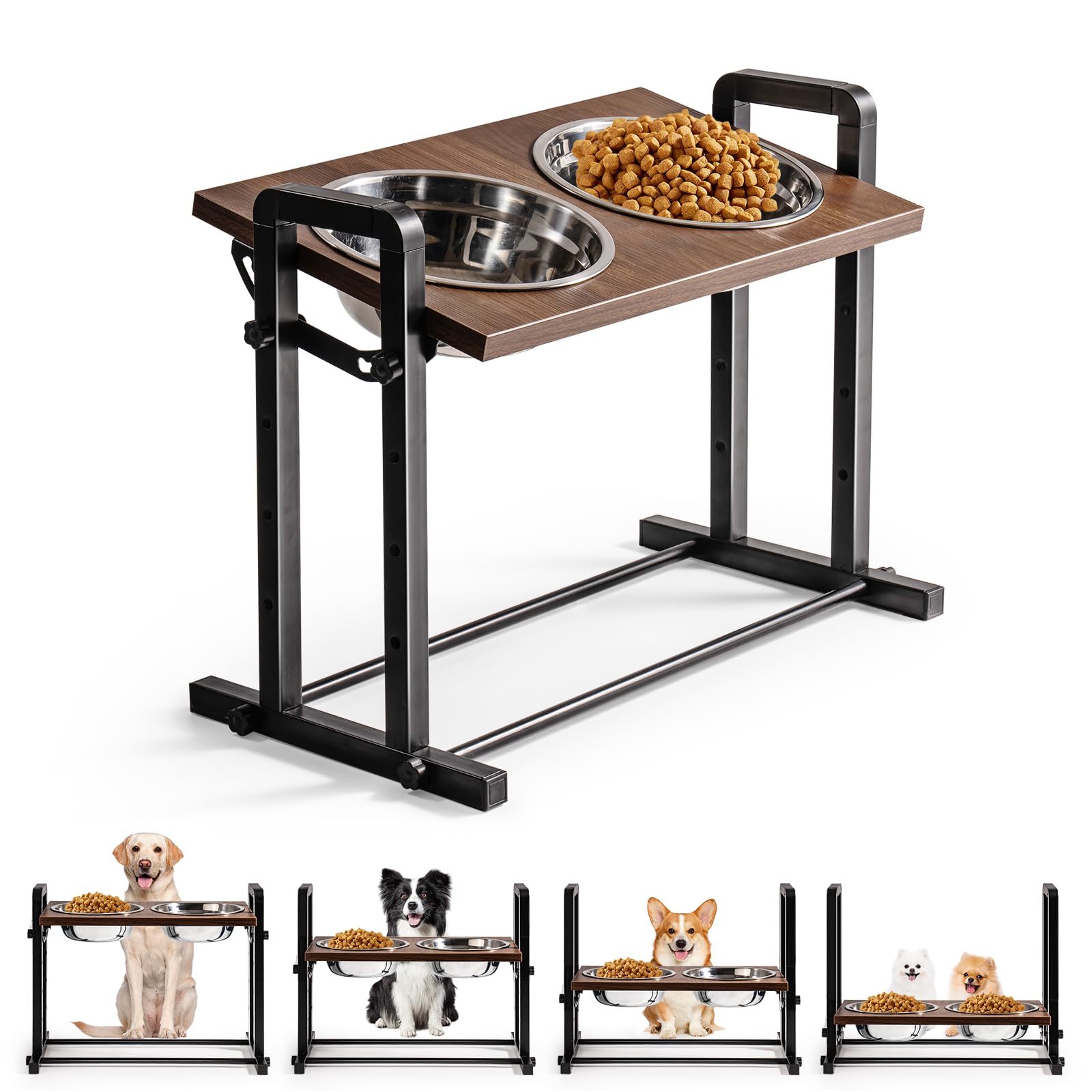 Elevated Dog Bowls,4 Heights Adjustable Raised Dog Bowl Stand for Small Medium Large Dogs and Cats, 3 Angle Adjustable Dog Bowl Stand with 2 Stainless Steel Bowls and Non-Slip Feet