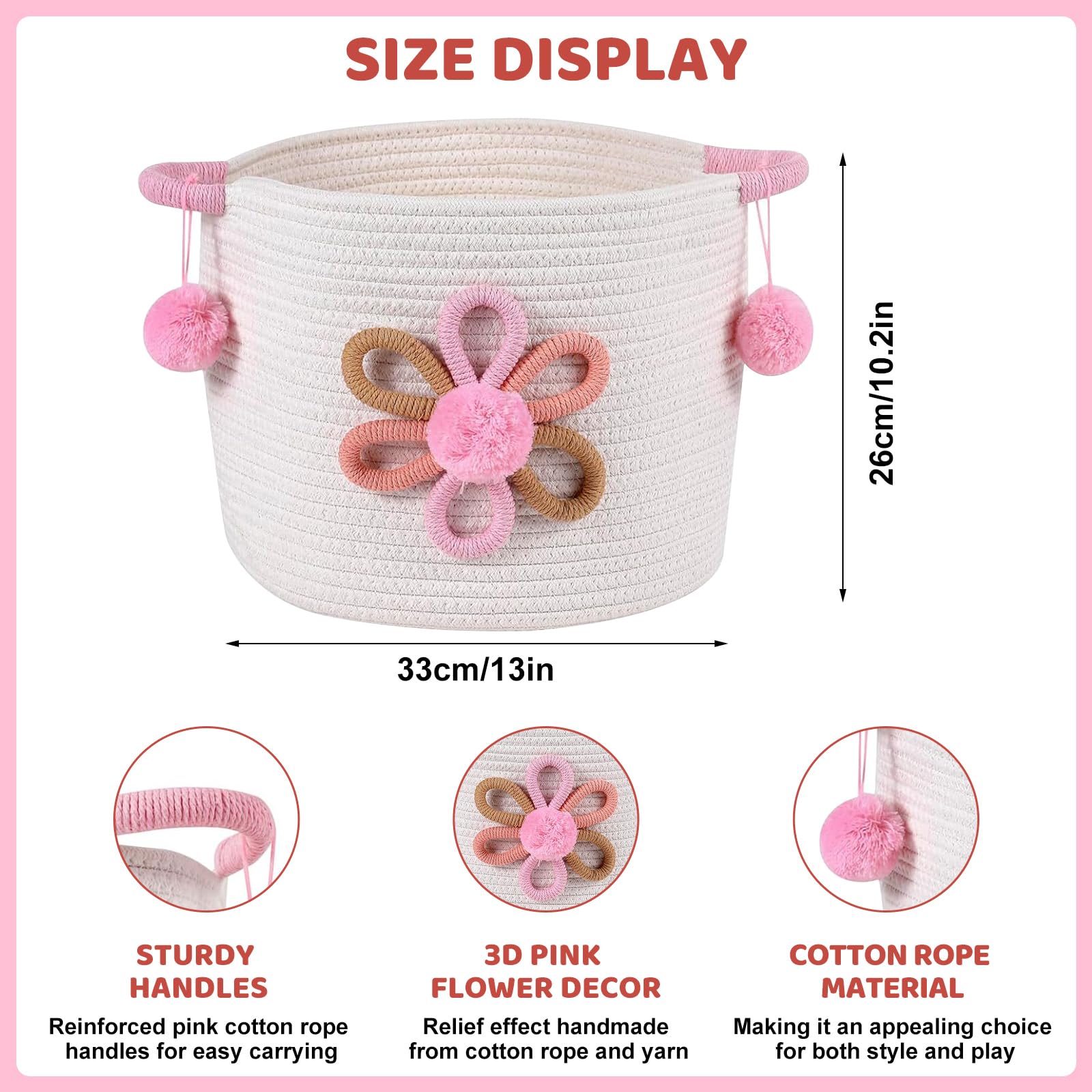 Toy Storage Baskets Woven Cotton Rope Storage Basket with 3D Flower for Kid Multifunctional Blanket Baskets for Living Room Toys Organizer Woven Basket with Handle for Gifts Girls Baby Hamper Nursery - Image 2