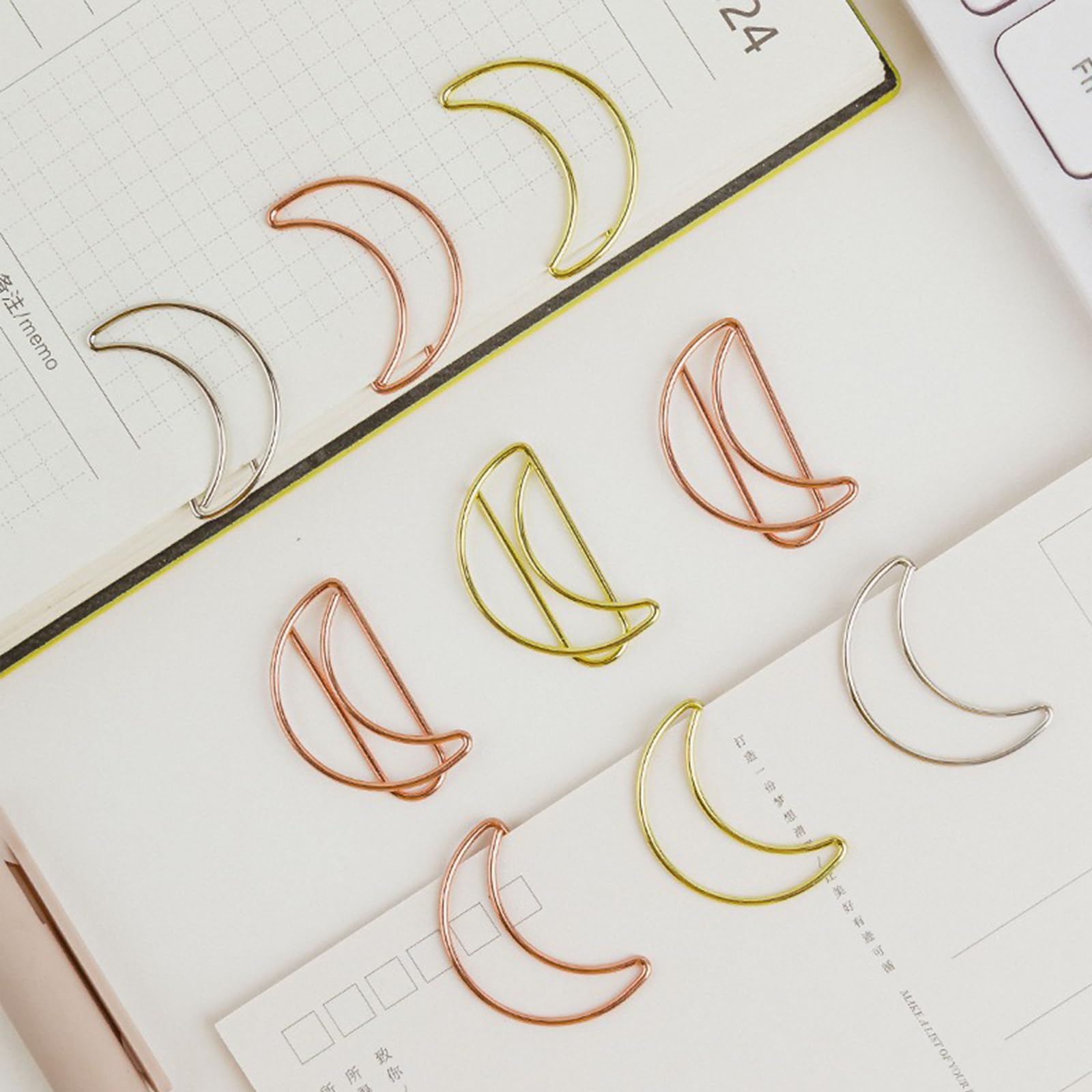30 Pcs Decorative Moon Paper Clips - Metallic Rose Gold, Silver & Gold Crescent Shaped Clips