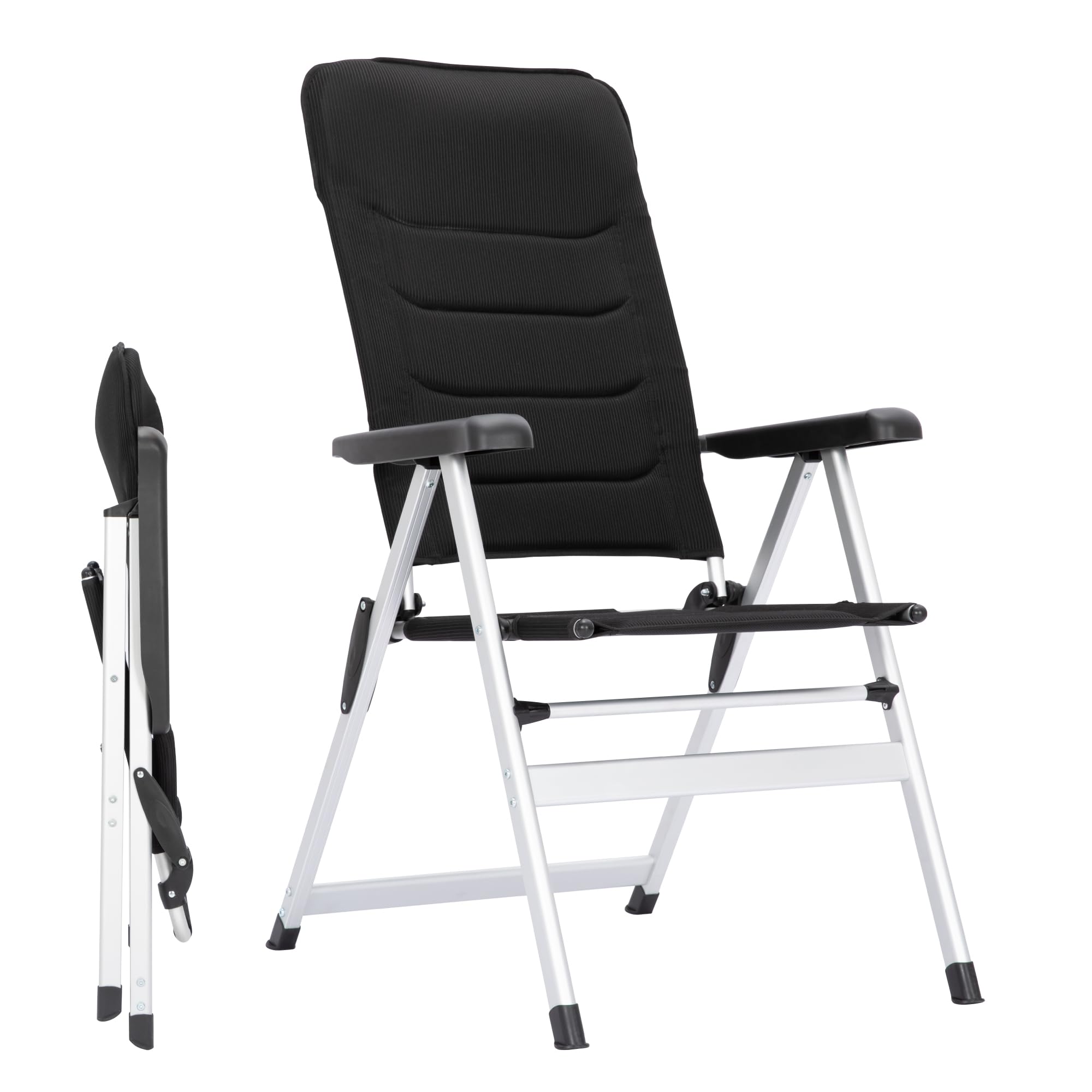 LET'S CAMP Luxus Gartenstühle, Campingstuhl Faltbar Klappstuhl Klappbar 7-Fach Verstellbar Alu mit hoher Rückenlehne, Belastbar 125 KG Schwarz