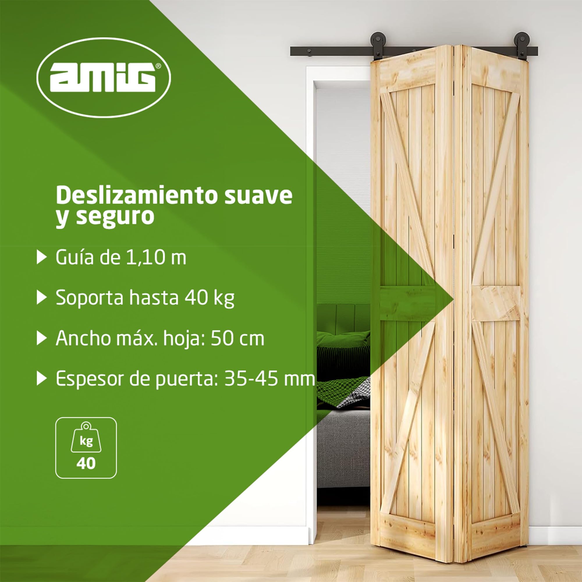 Amig - Kit puerta corredera plegable - Guía 110 cm acero negro - Resistencia hasta 40 kg - Estable y compacto - Deslizamiento silencioso y estable - Mod. SD006