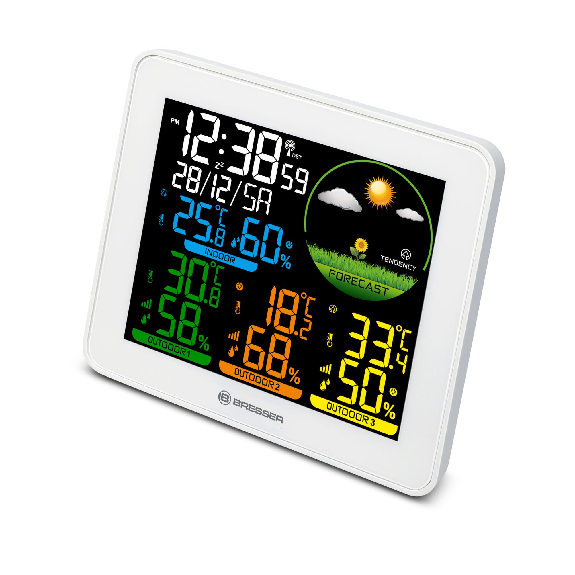 Bresser Estación Meteorológica Color 3 Sensores Exteriores Temperatura Humedad Pronóstico Reloj Alarma Alcance 80m IP44