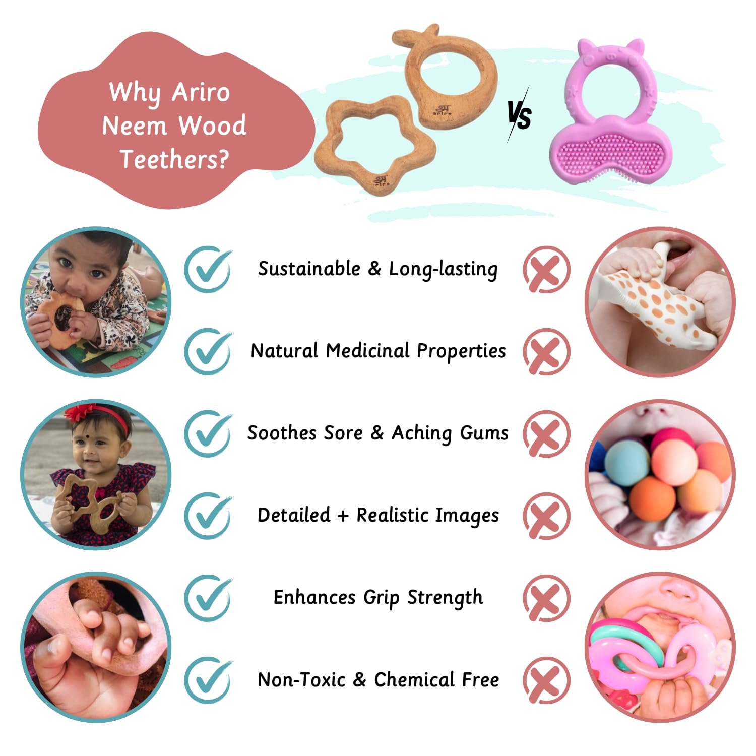 Ariro Wooden Teethers Shaped as Mango and Star for Baby Boy & Girl | Hand Crafted with Organic Neem Wood That Helps Boost Immunity & Aids in Digestion | Easy to Grasp & Chew - Image 6 thumbnail
