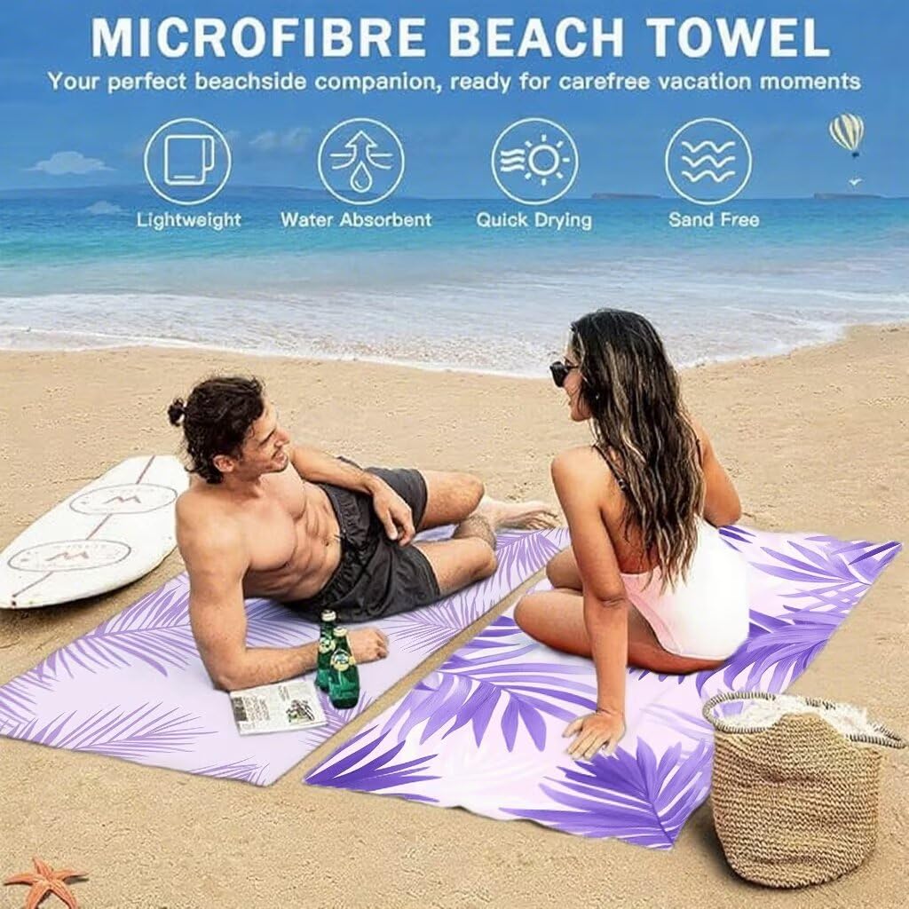 Ręcznik plażowy 90 x 200 cm, fioletowy ręcznik z mikrofibry zestaw 2 arkuszy bardzo chłonny wzór, szybkoschnący, odporny na piasek, lekki ręcznik plażowy z zatrzaskami, do sauny, model845
